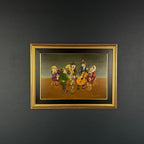 Vintage Naive Art Oil Painting: Rural Feast, Yugoslavia Folk Art