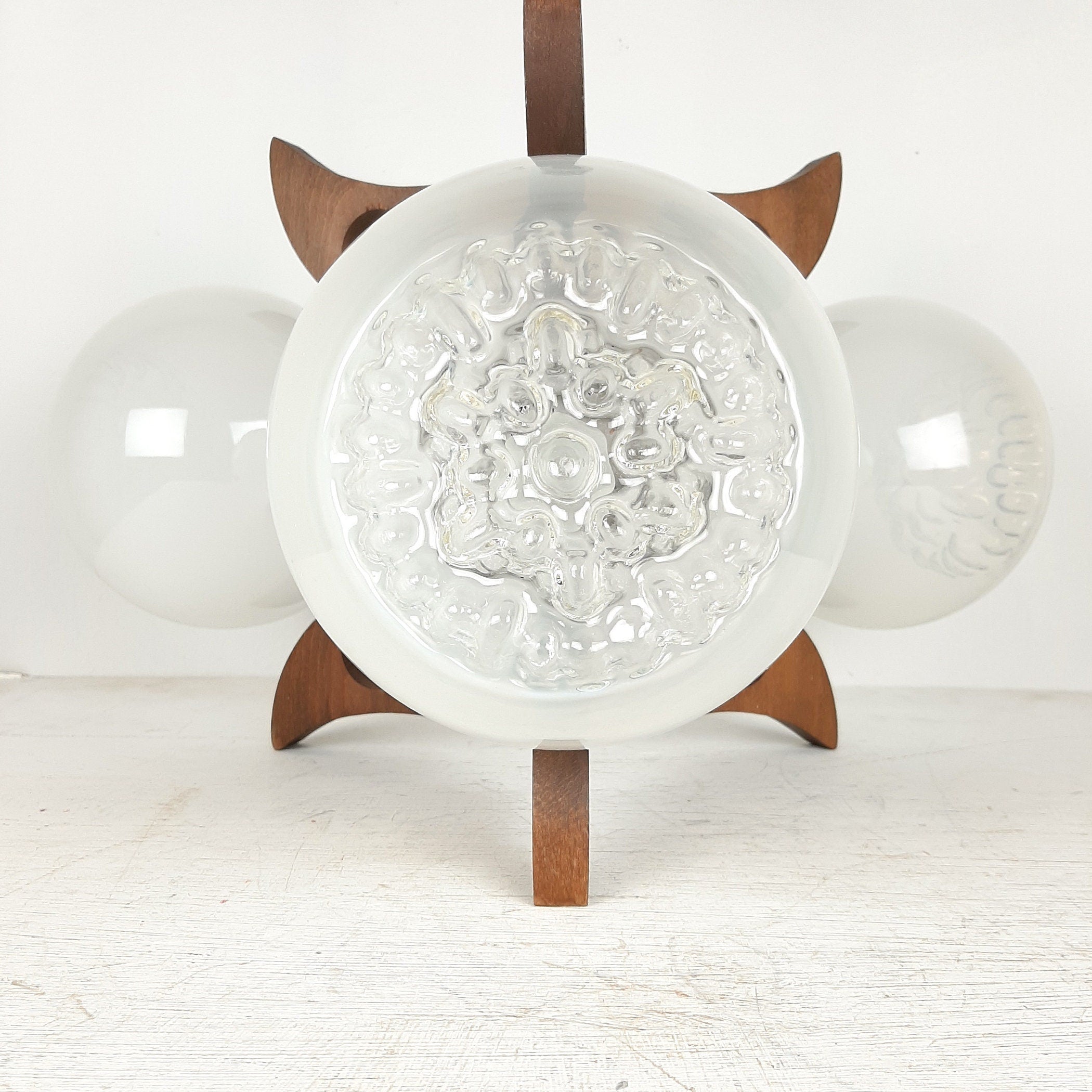 Retro Wood & Glass Chandelier: 70s Geometric Pendant Lamp