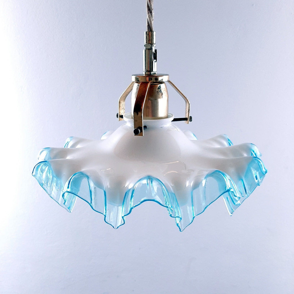 Vintage Italian Pendant Lamp: Blue & White Glass, Brass Accent, 1950s