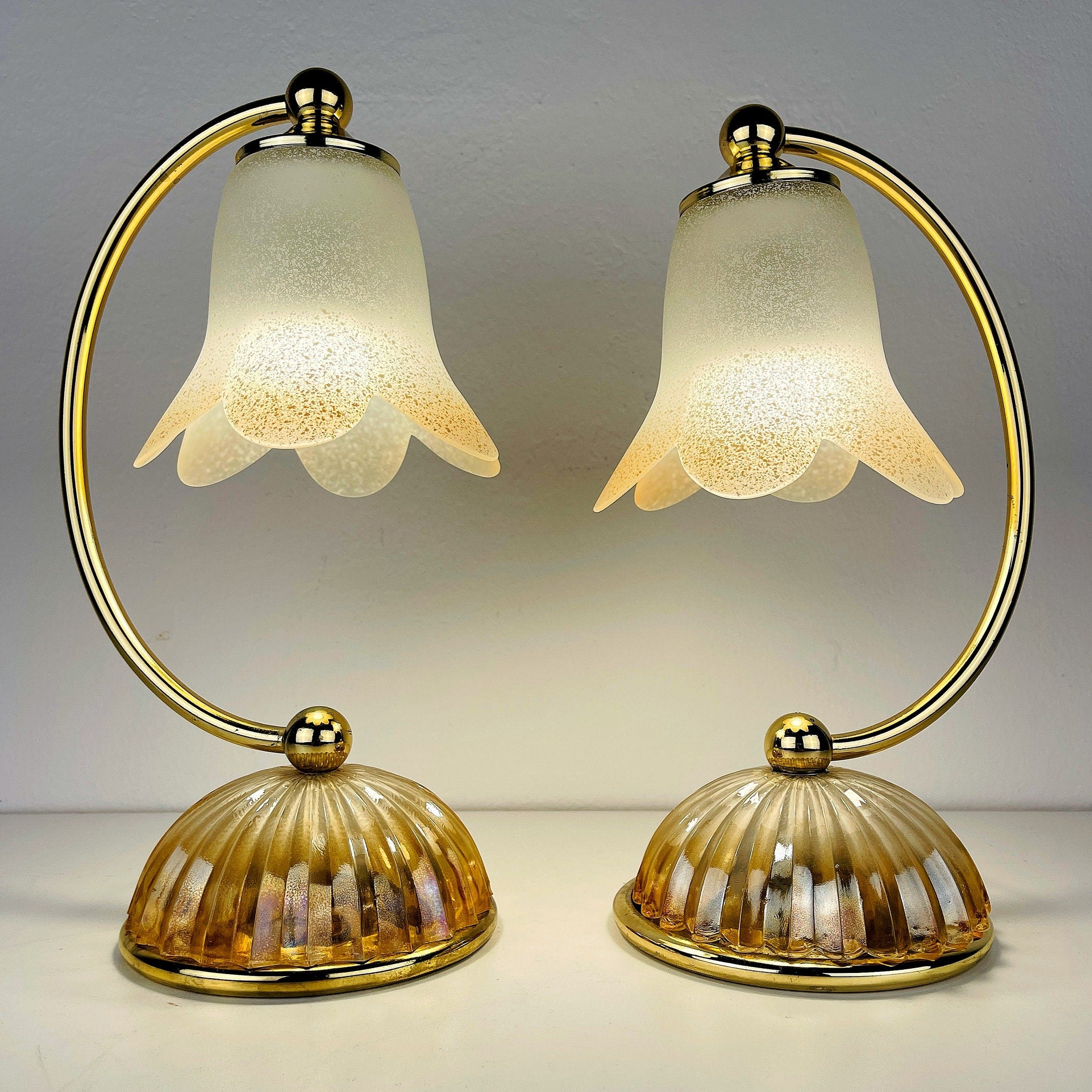 Pair of vintage night table lamp Italy 1970s Retro table lamps white and brass