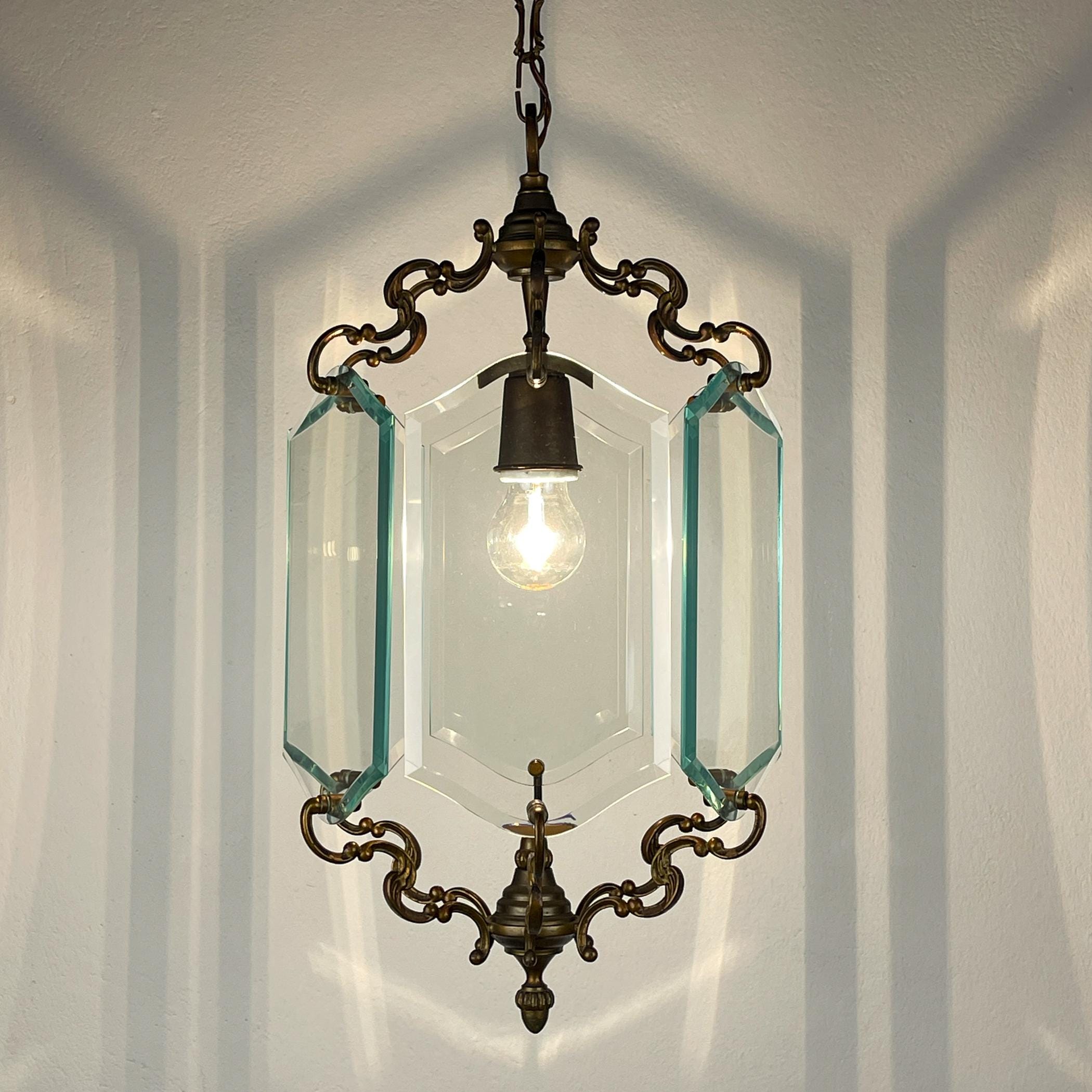 Vintage bronze pendant lamp, in style of Pietro Chiesa For Fontana Arte, Italy, 1950s