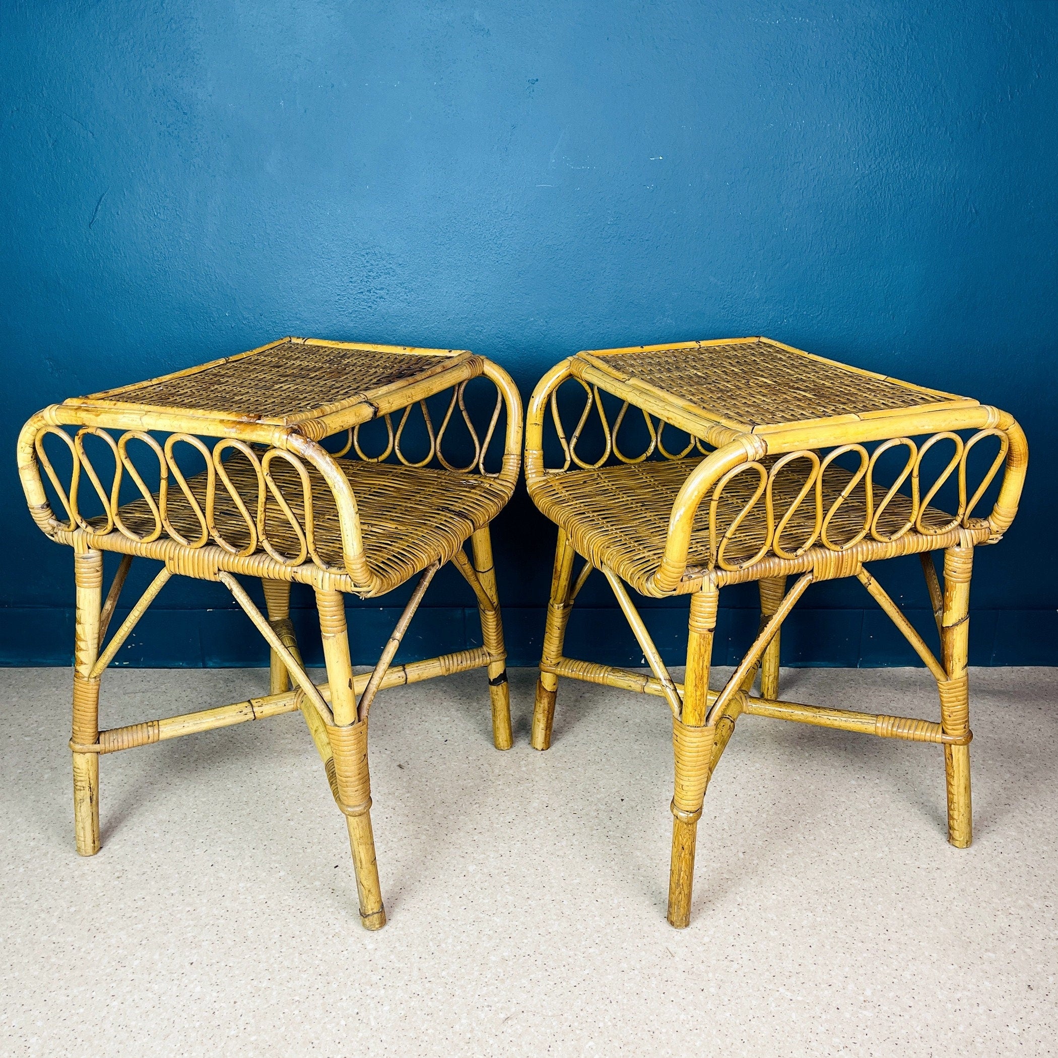 Pair of Vintage bamboo nightstands bedside tables Italy 1960s end table night side furniture modern tiki boho chic bohemian rattan wicker