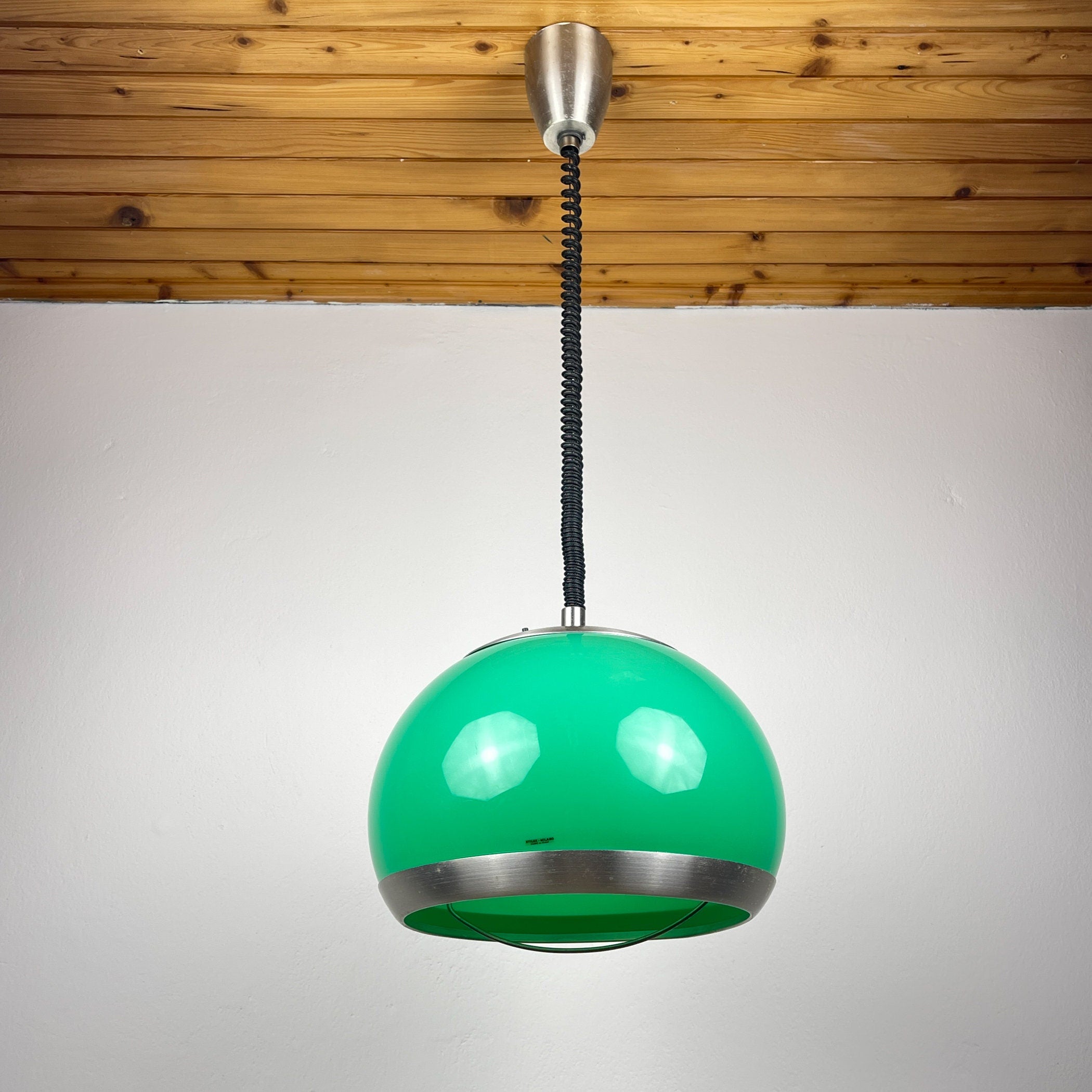 Mid-century green plastic pendant lamp by Stilux Milano, Italy, 1972, Vintage home decor