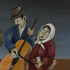 Vintage Naive Art Oil Painting: Rural Feast, Yugoslavia Folk Art