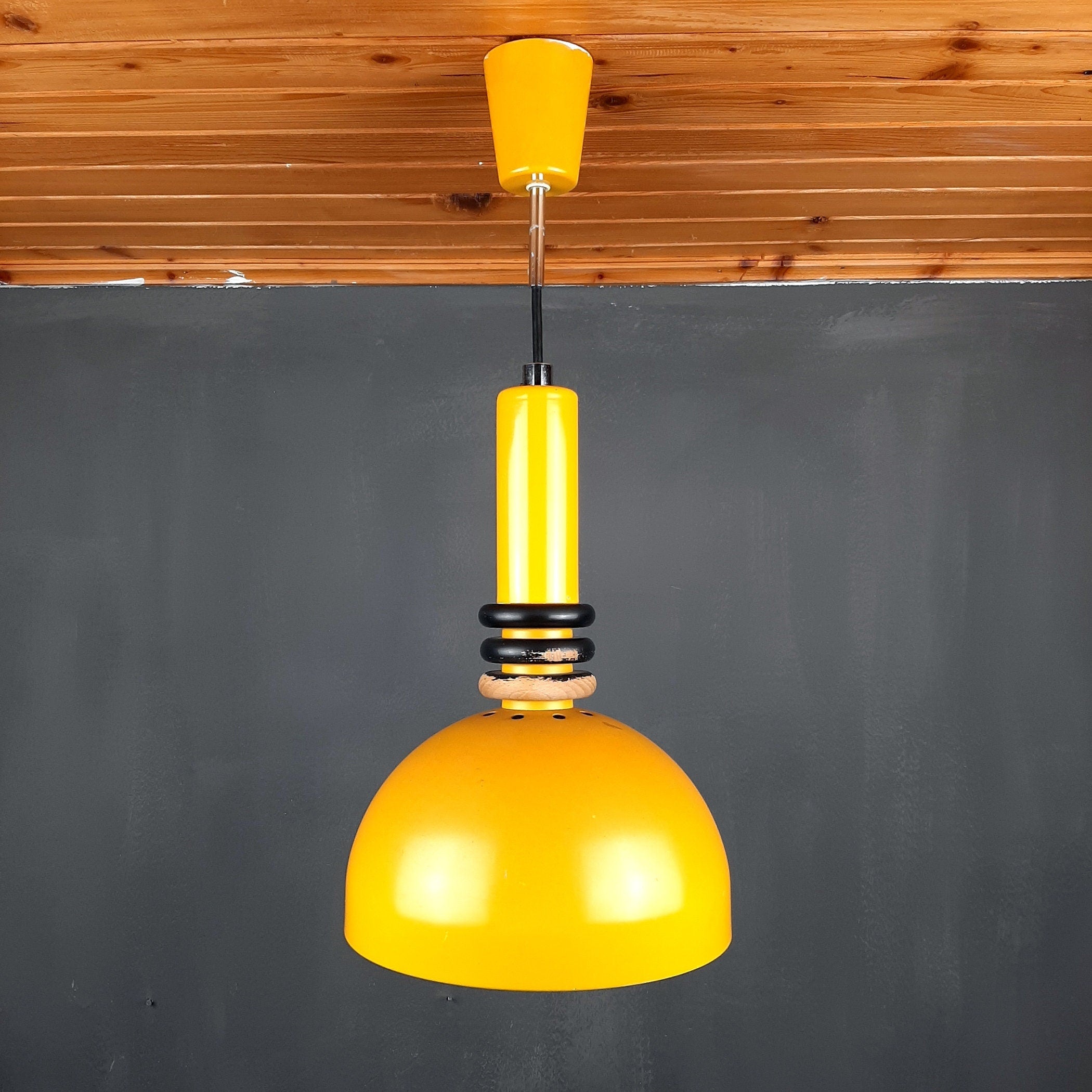 Retro metal pendant lamp Sijaj Hrastnik Yugoslavia 1970s Mid-century lighting Industrial light
