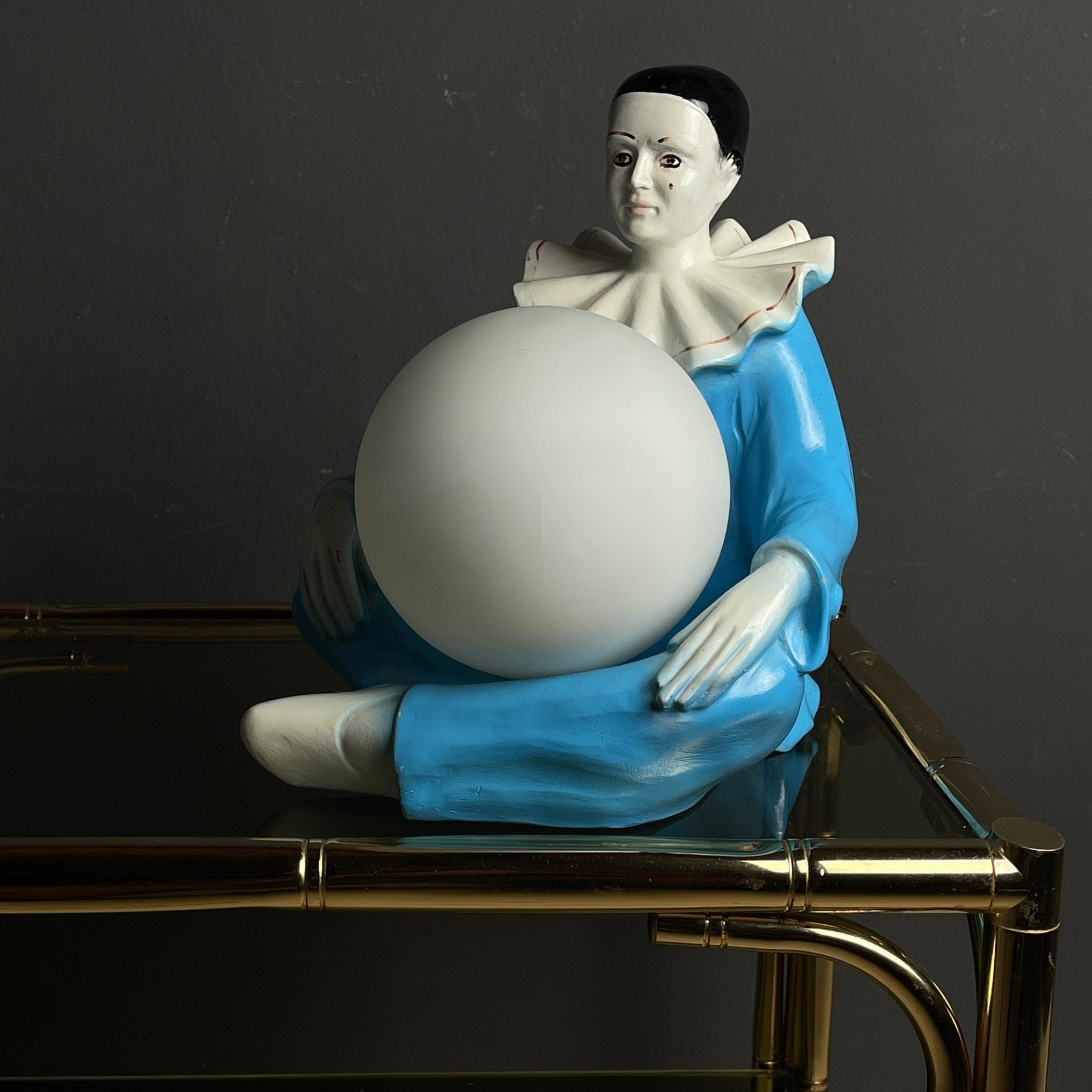 Mid-century blue ceramic table lamp Pierrot 1960s retro home decor vintage bedside lamp