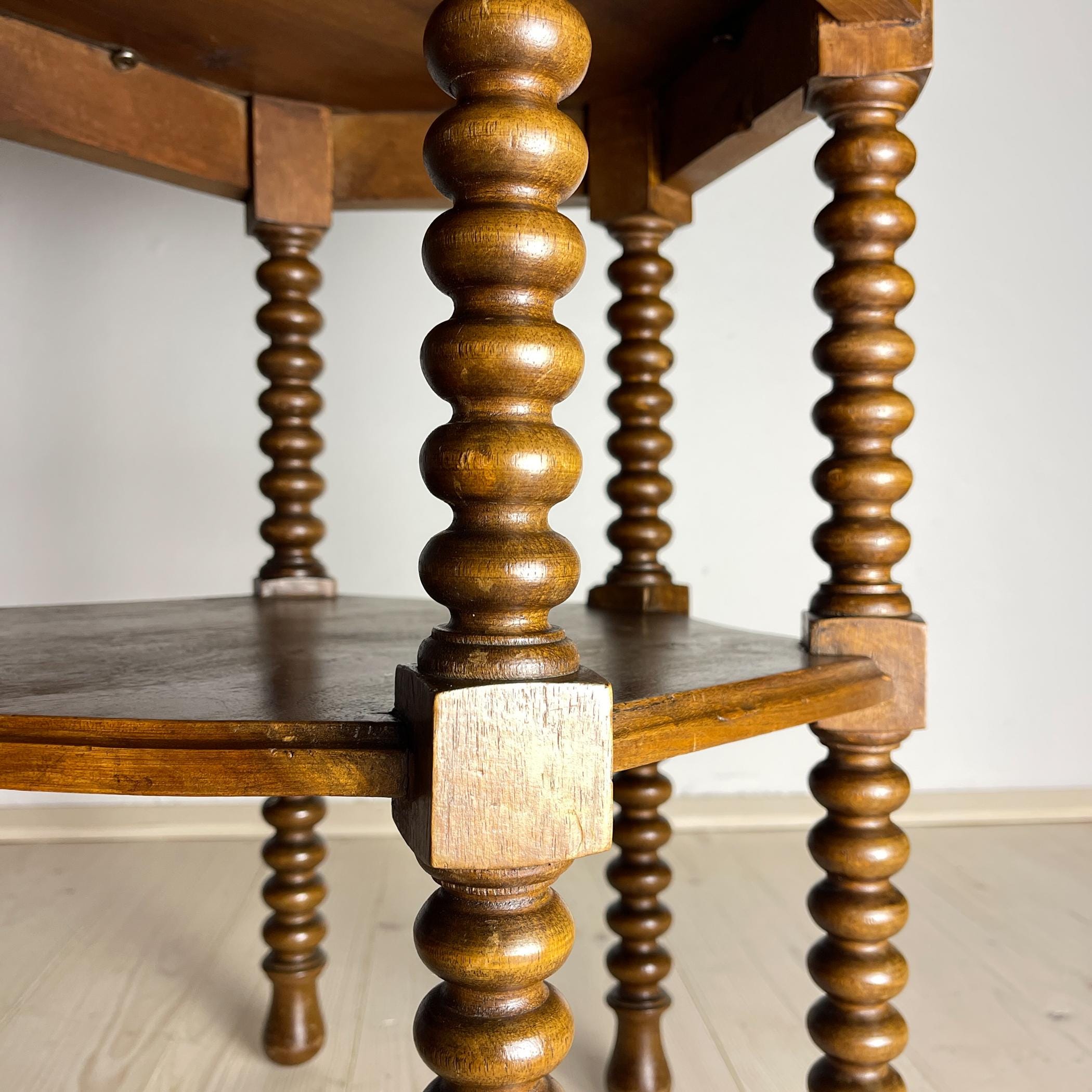 Antique Hexagonal Walnut Side Table, Italy, the Early 20th Century, Bobbin Turned Legs