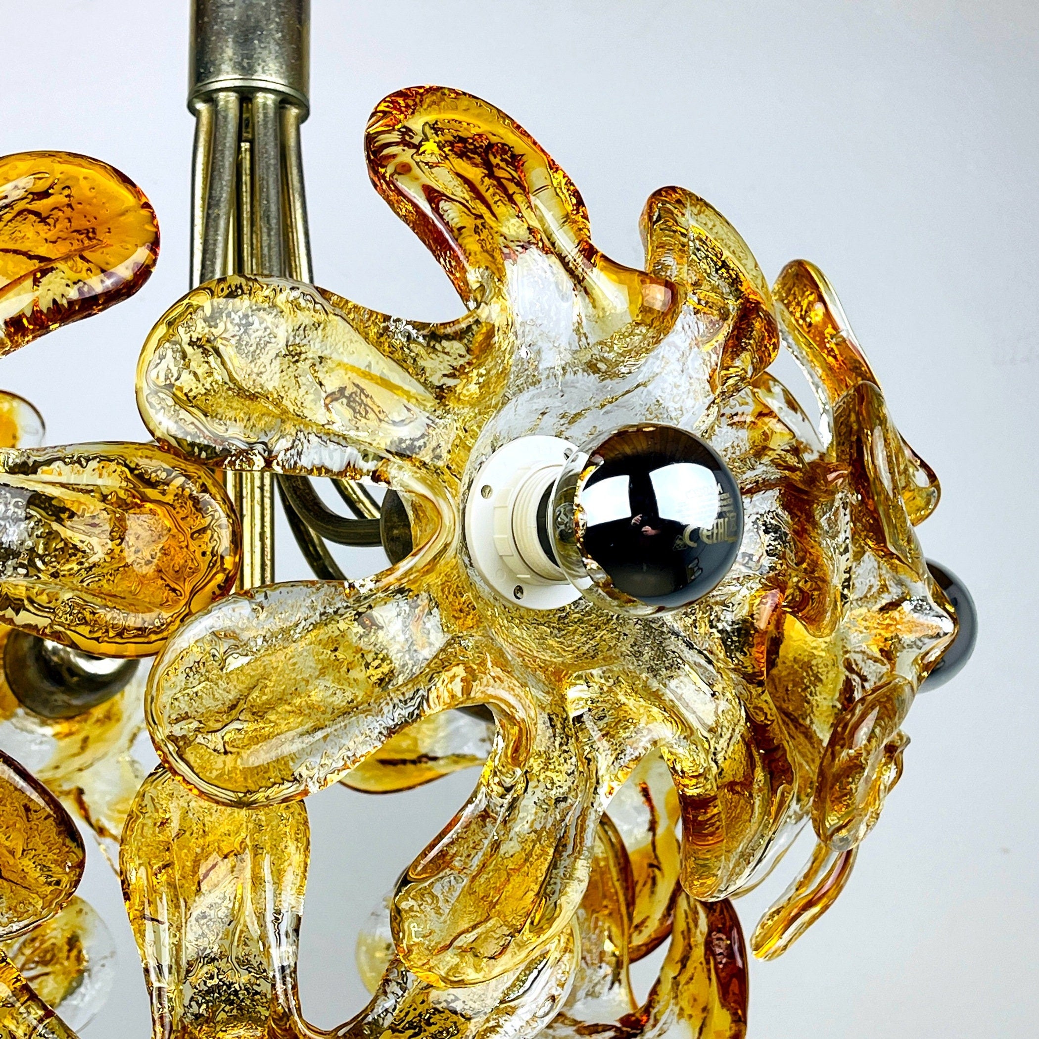 Vintage Amber Murano Glass Flower Chandelier - Mazzega Italian Lighting