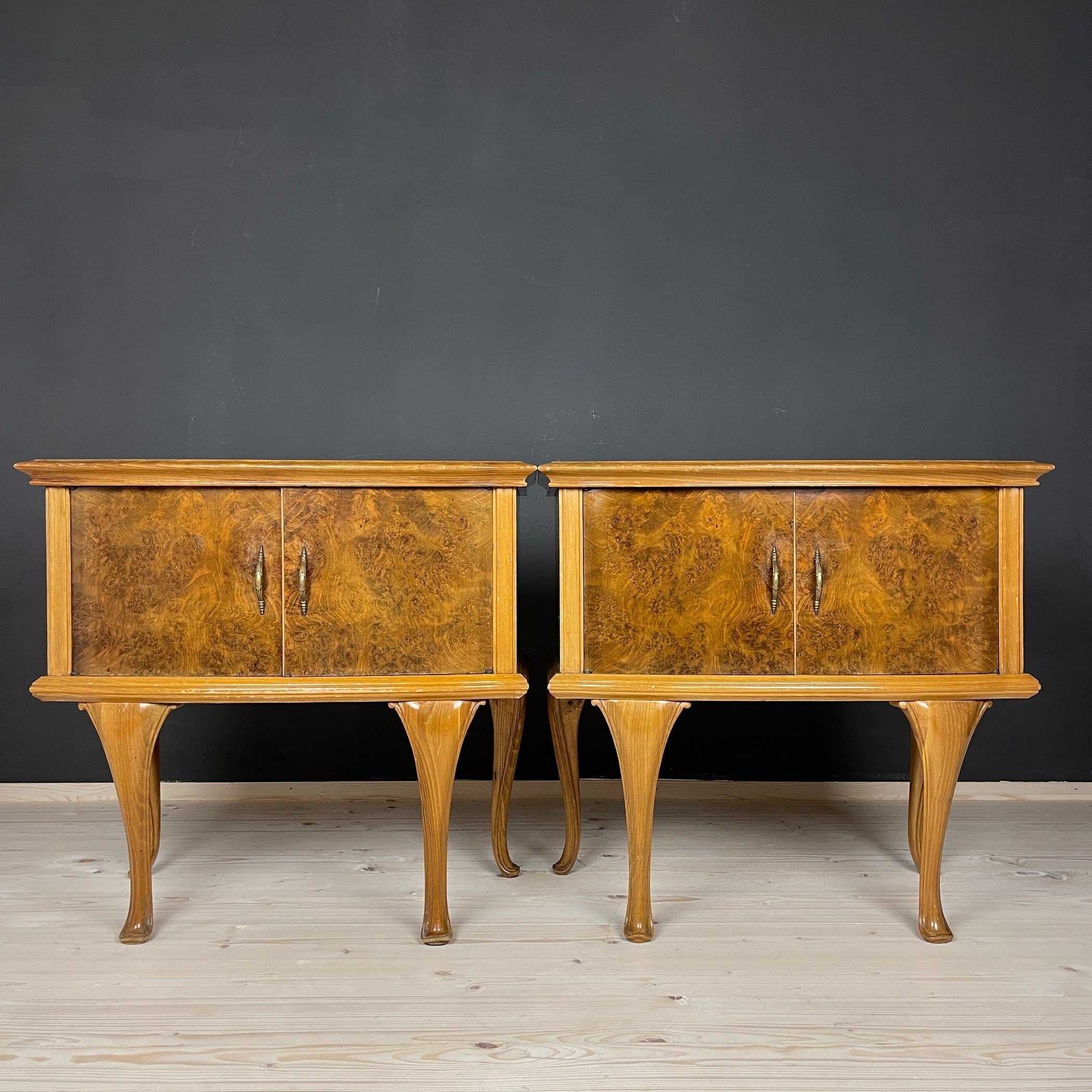 Pair of Vintage wood nightstands Italy 1950s  mid-century wooden bedside table