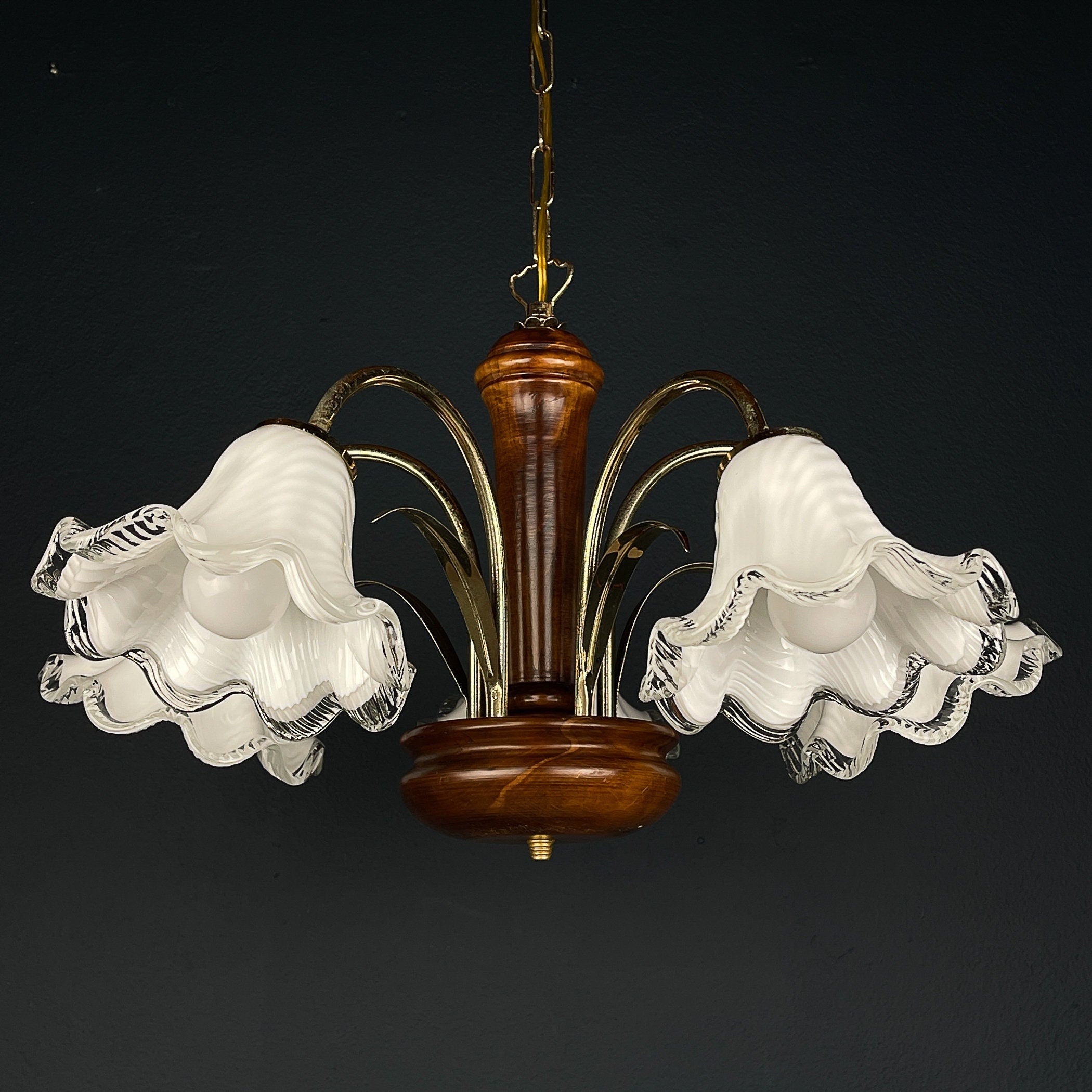 Vintage murano glass and wood chandelier Italy 1970s