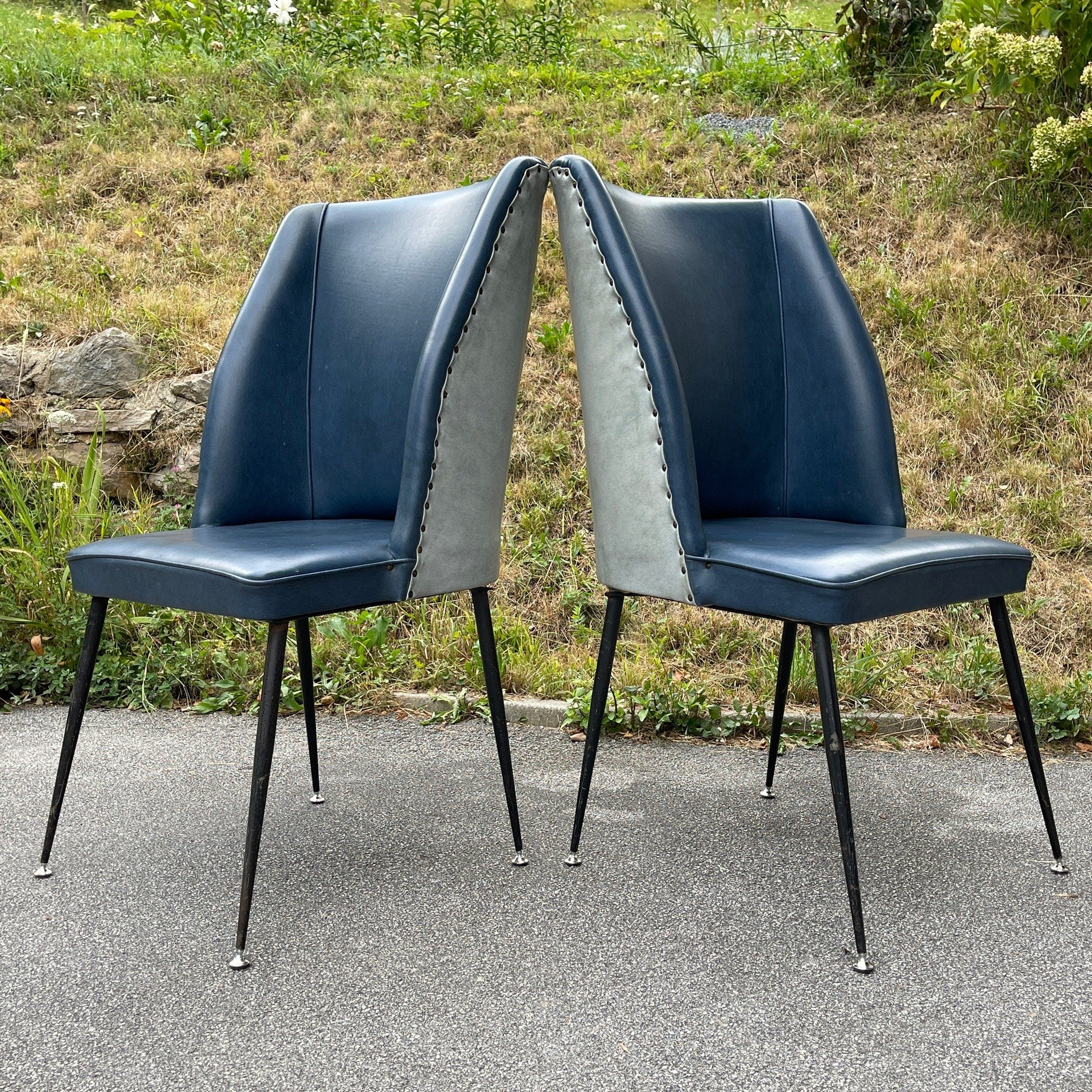 Vintage blue dining chairs, Italy 1950s, Mid-century modern, Set of 2