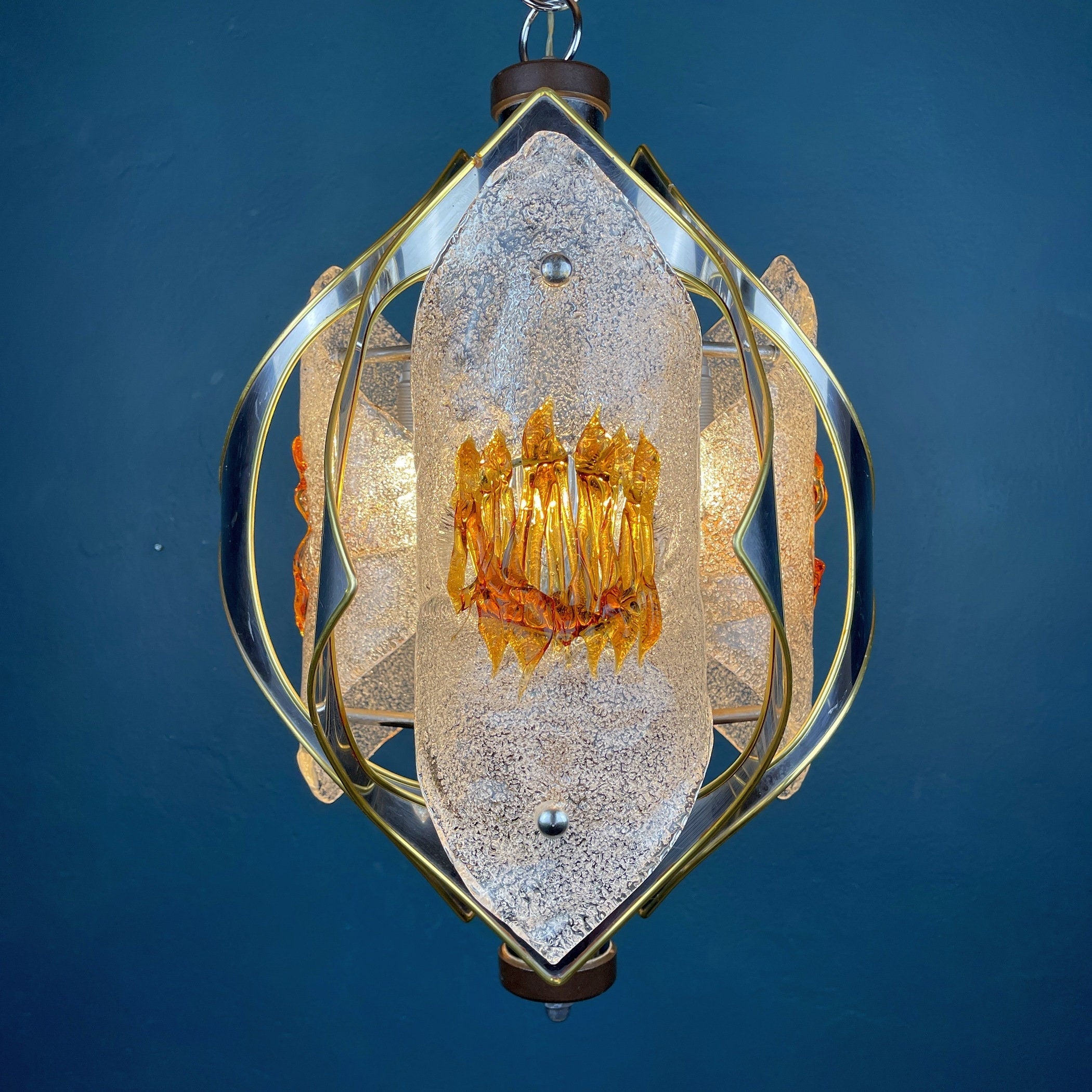 Vintage Amber Murano Glass Chandelier: Mazzega Toni Zuccheri, Italy 1970s