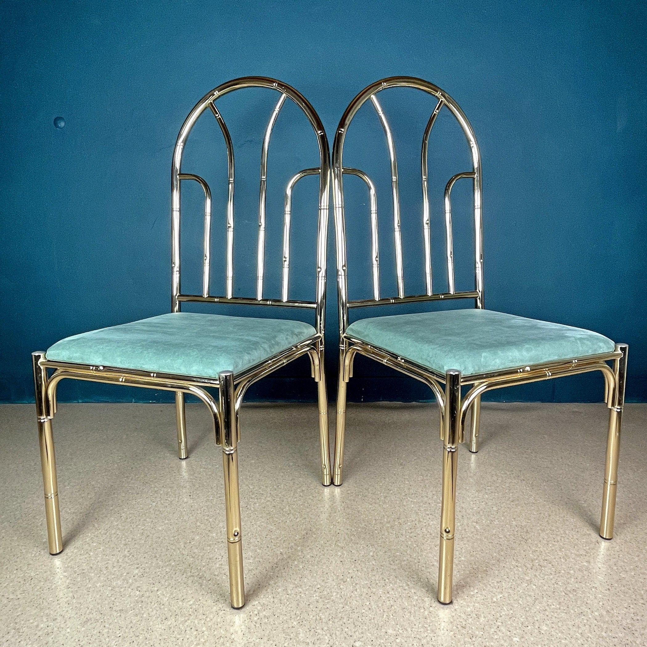 Vintage Brass Faux Bamboo Dining Set: 4 Chairs & Smoked Glass Table, France 1970s