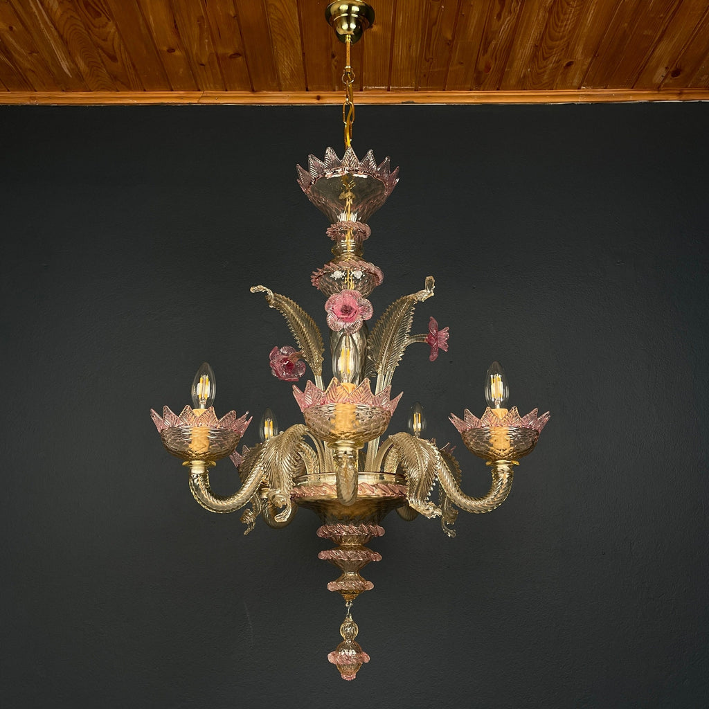 Murano chandelier Italy 1980s Pink and clear Italian home decor