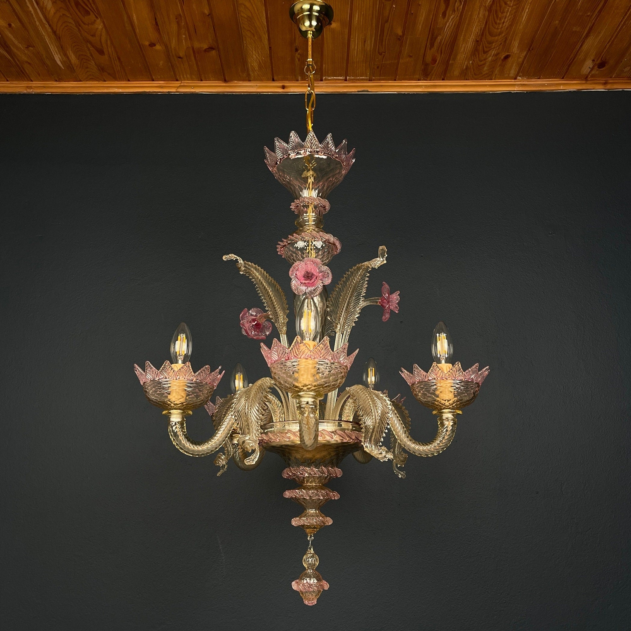 Murano chandelier Italy 1980s Pink and clear Italian home decor