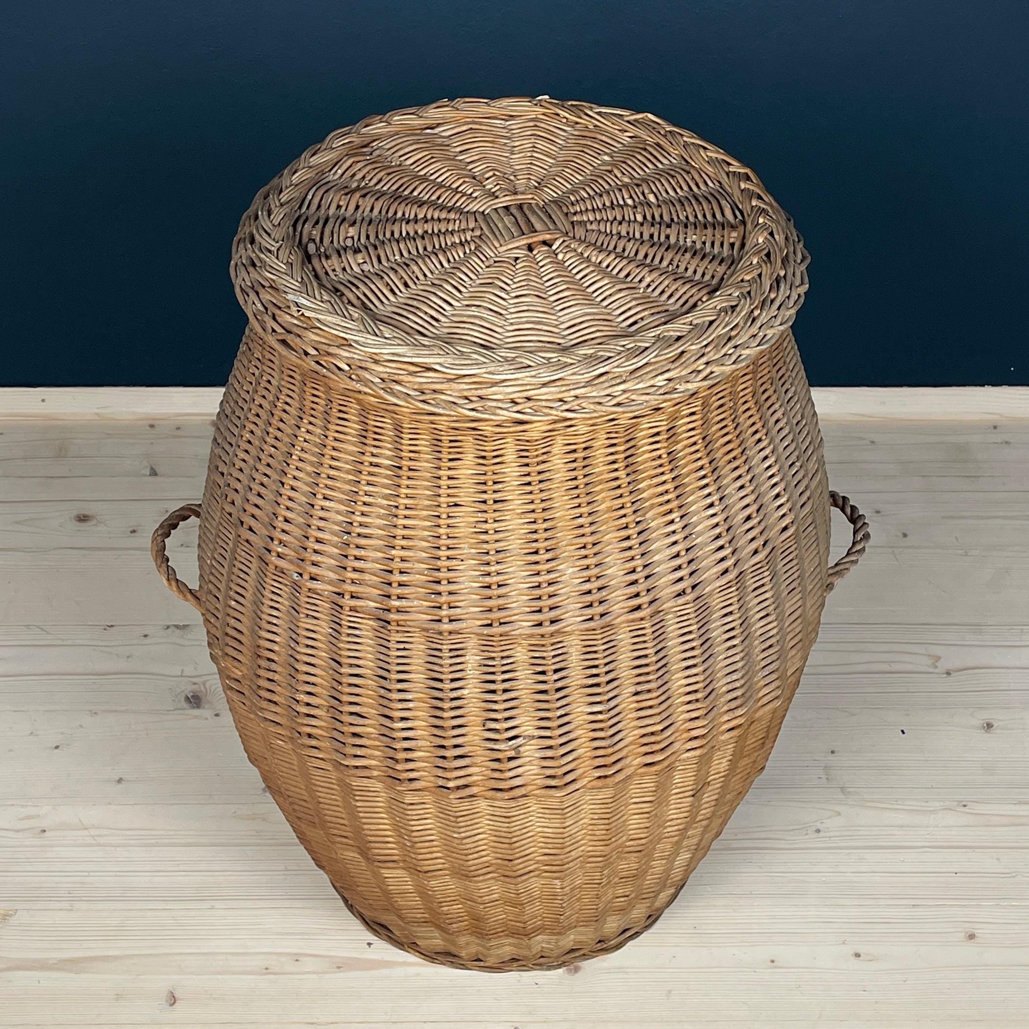 Vintage laundry basket wicker weaving Yugoslavia 1970s