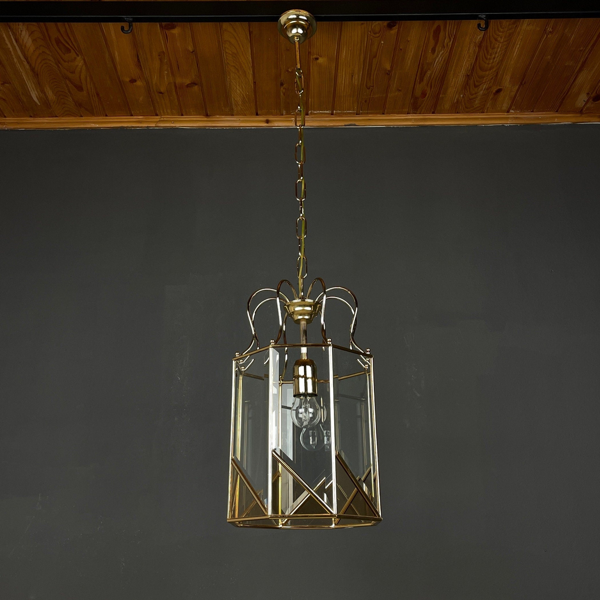 Vintage pendant lamp Italy '70s Brass Polished Glass Retro lighting Mid-century Italian modern