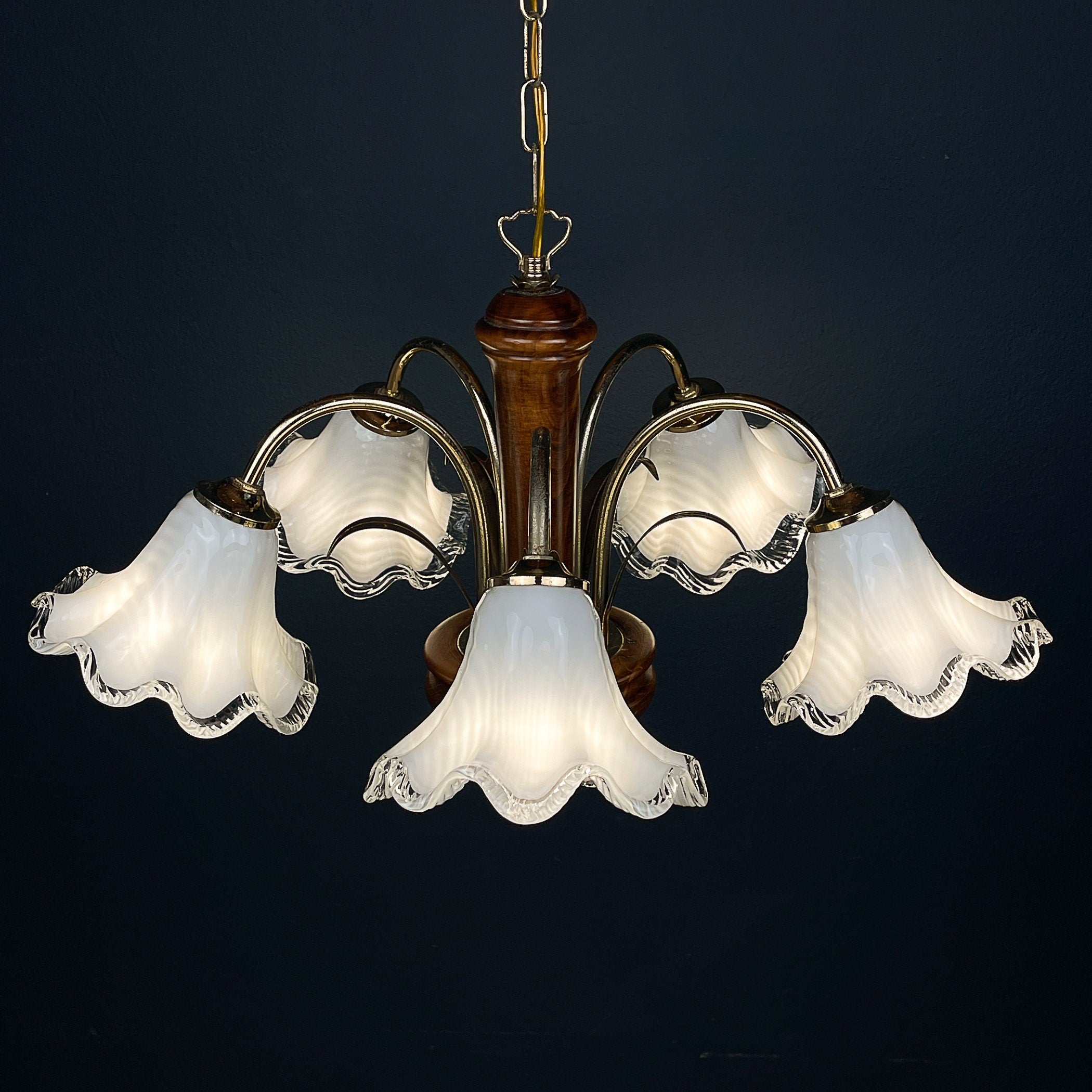 Vintage murano glass and wood chandelier Italy 1970s
