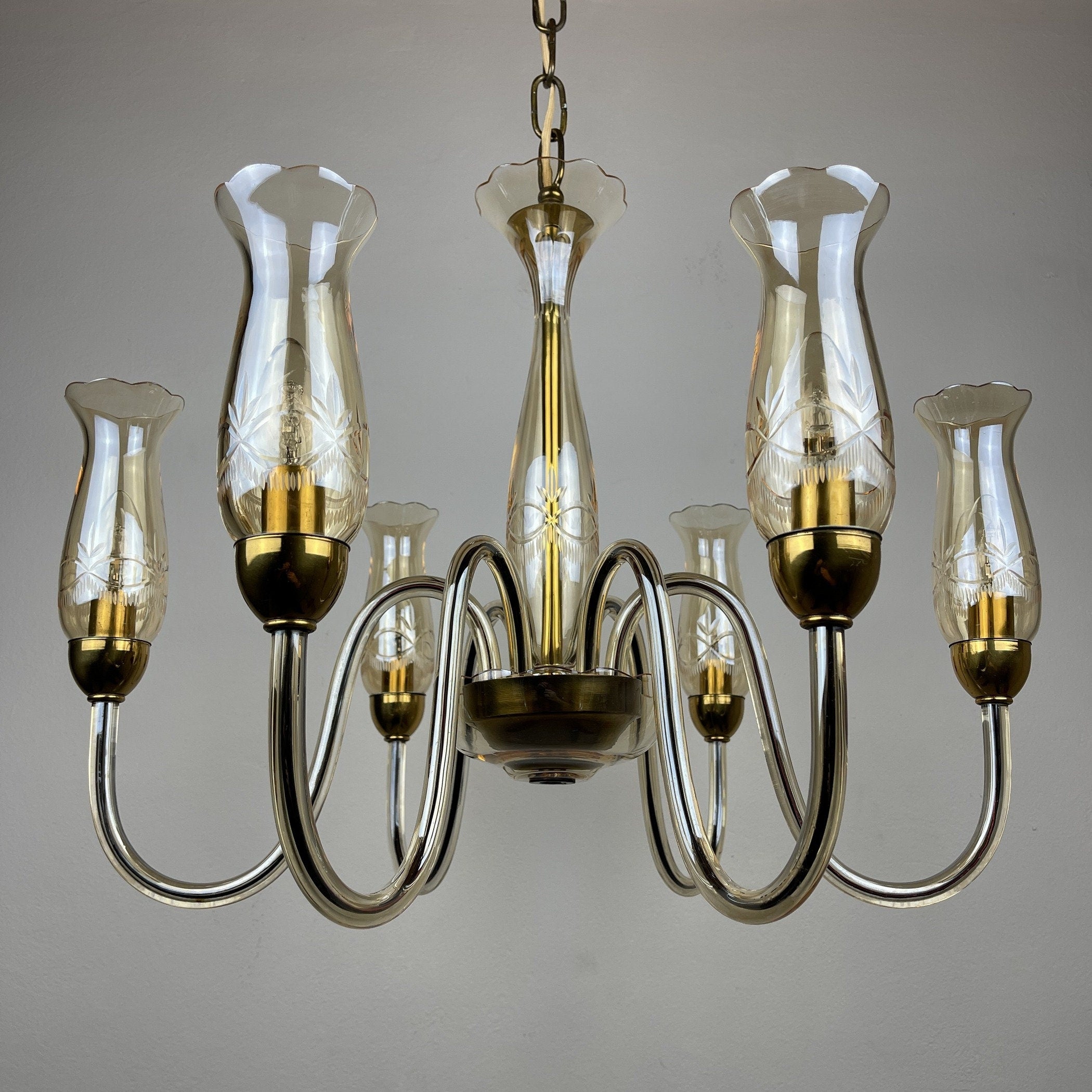 Vintage amber murano chandelier De Majo Italy 1970s Mid-century italian chandelier 6 bulbs