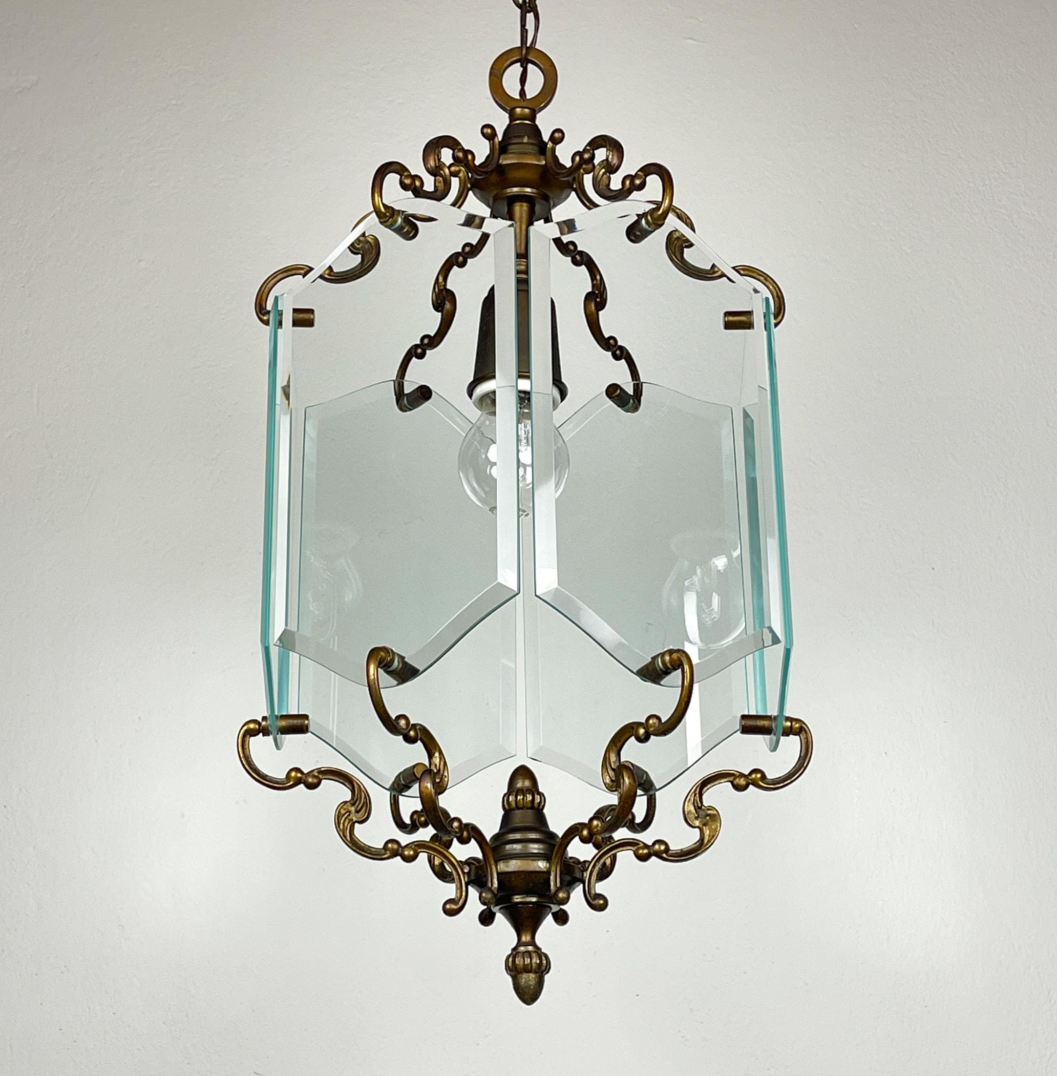 Vintage bronze pendant lamp, in style of Pietro Chiesa For Fontana Arte, Italy, 1950s