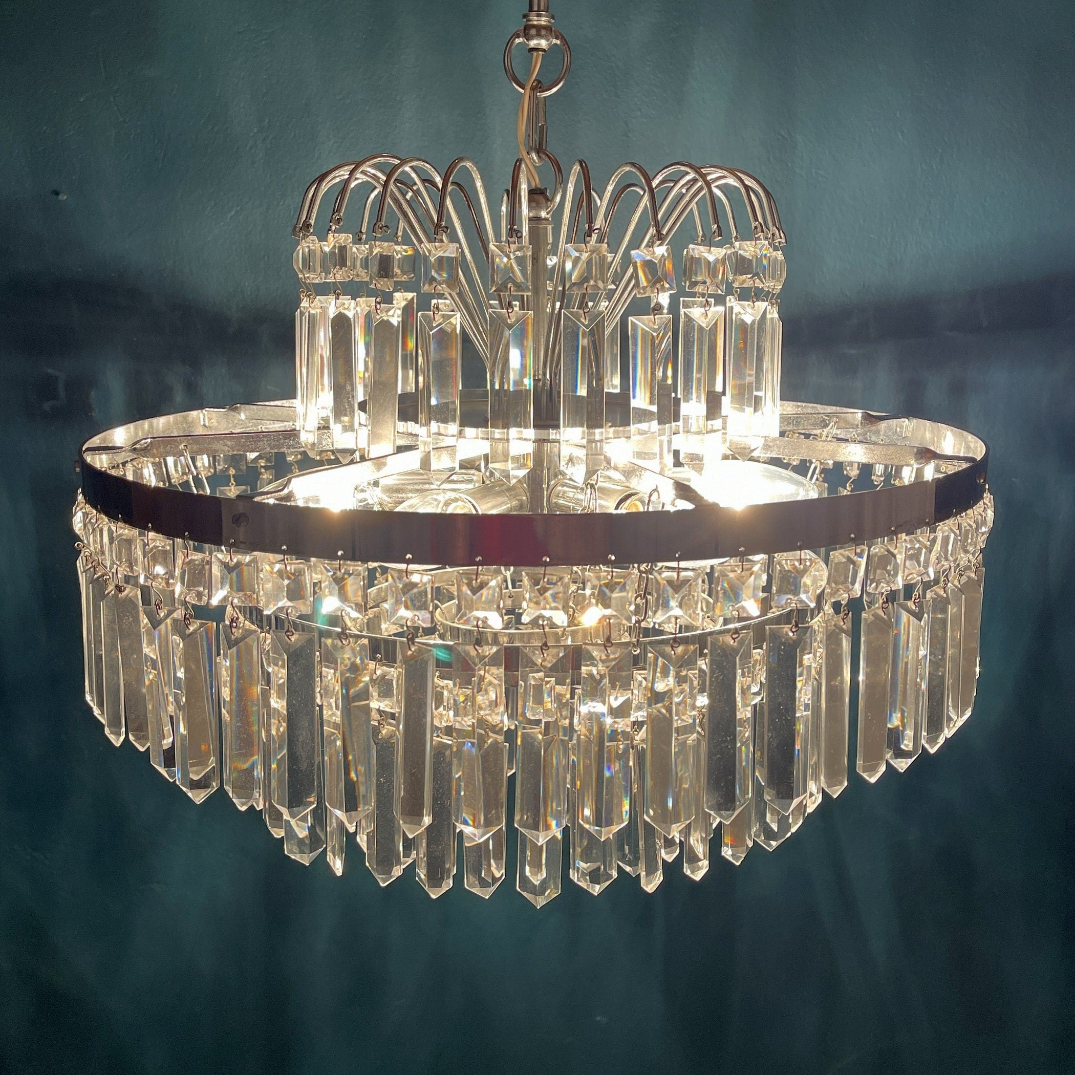 Vintage large crystal chandelier Sijaj Hrastnik Yugoslavia 1970s MCM mid-century lighting Retro home decor