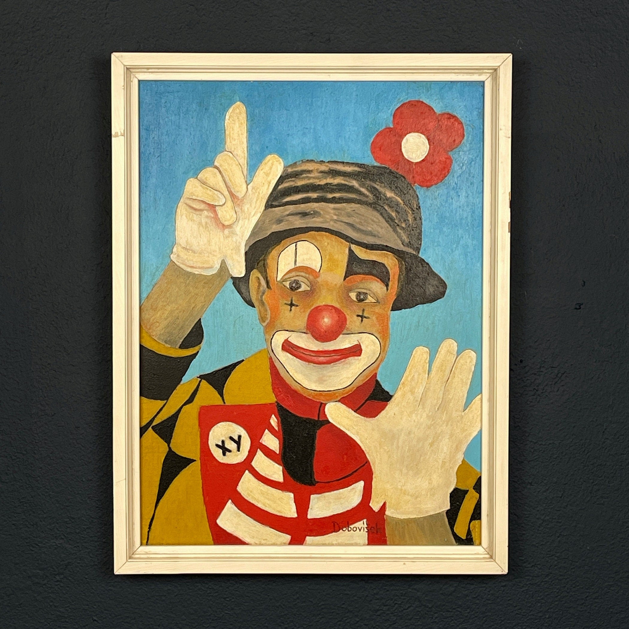 Vintage Naive Art "Sad Clown" Oil Painting by Oto Dobovišek, 1980s Yugoslavia