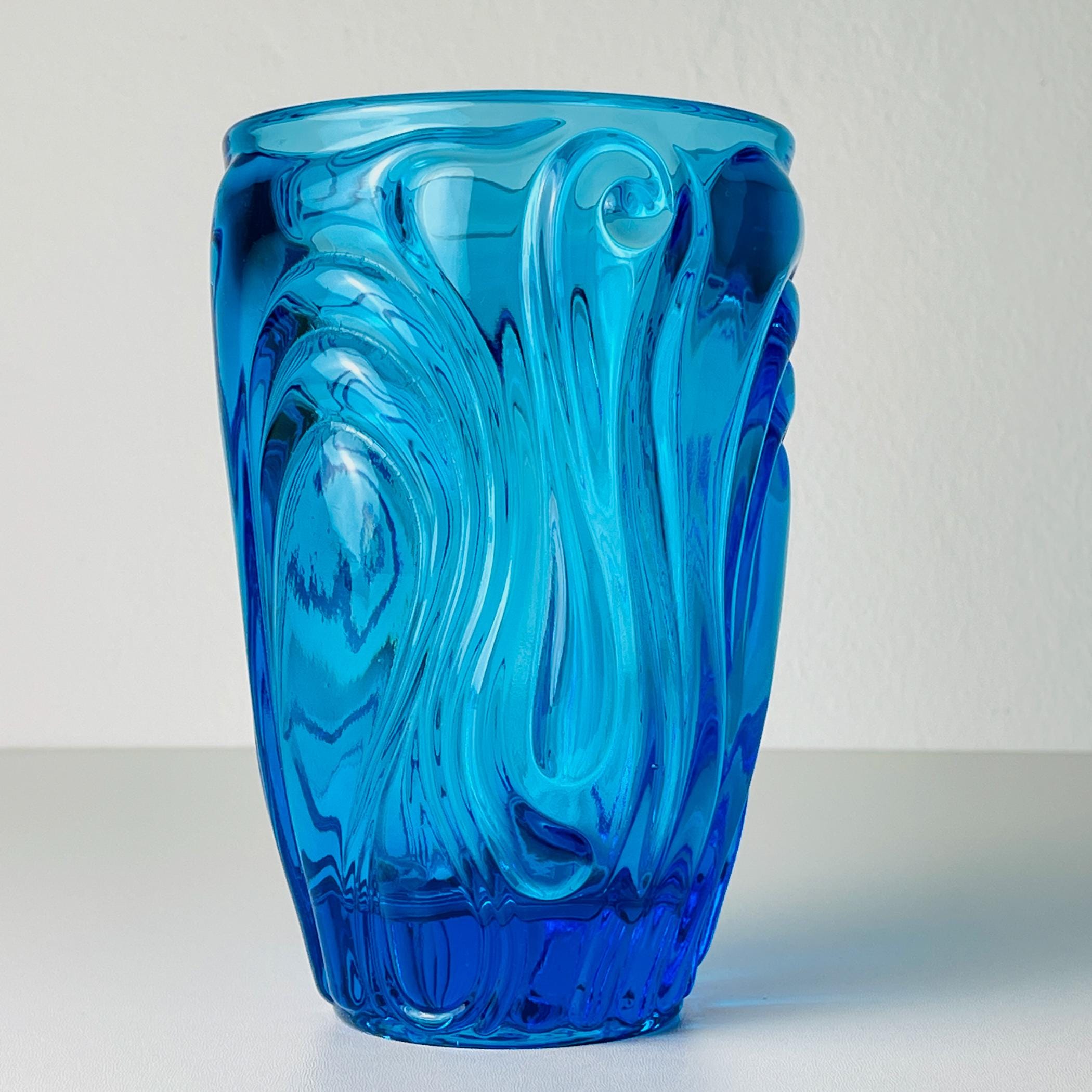 Vintage blue art glass vase, Italy 1970s, mid-century home decor