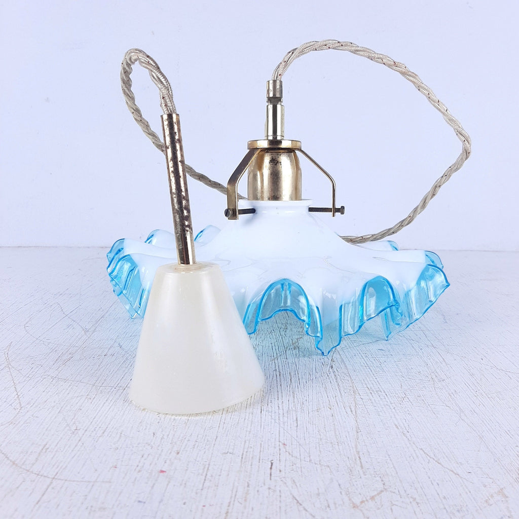 Vintage Italian Pendant Lamp: Blue & White Glass, Brass Accent, 1950s