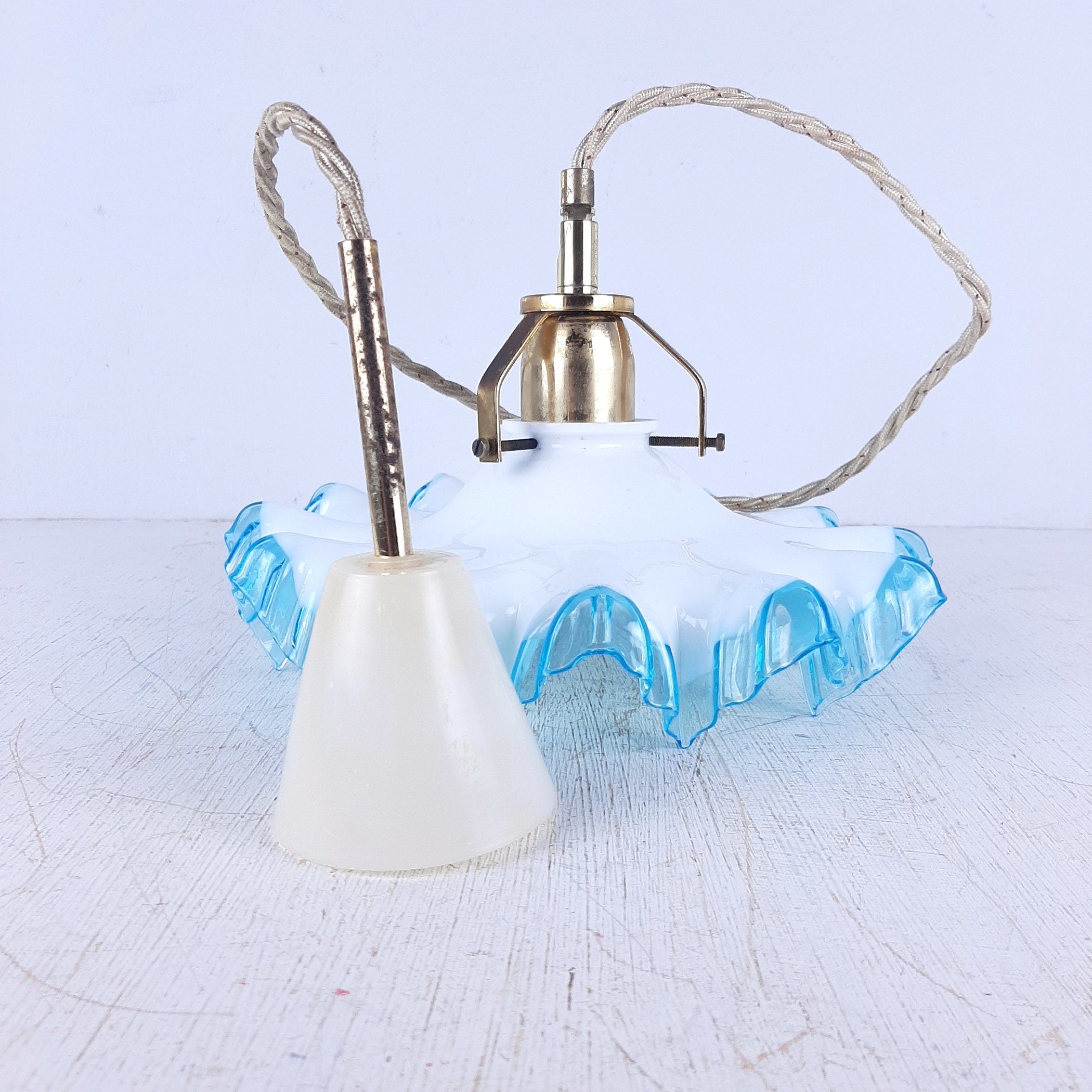 Vintage Italian Pendant Lamp: Blue & White Glass, Brass Accent, 1950s