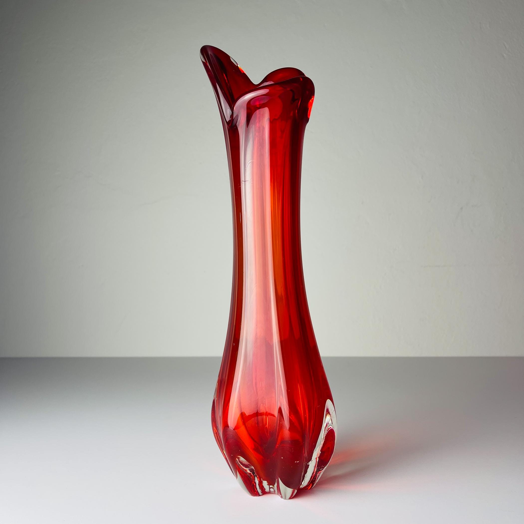 Mid-century red glass vase, Italy 1970s, Vintage home decor