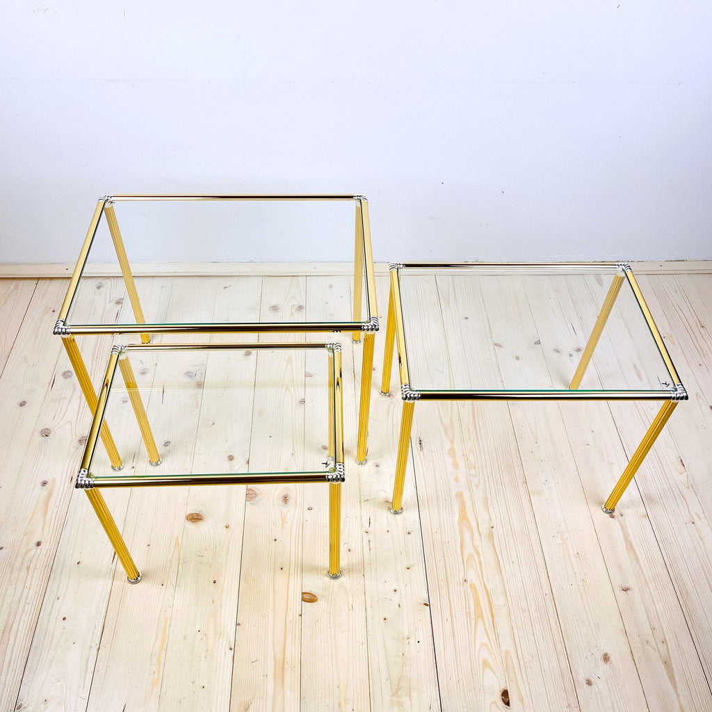 Vintage golden coffee table Italy 1970s Set of 3 Mid-century italian modern furniture
