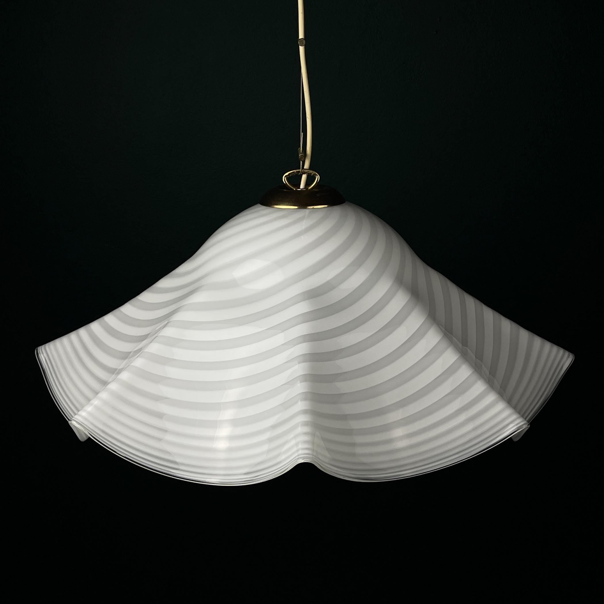 Vintage swirl white Murano glass pendant lamp, Italy 1970s