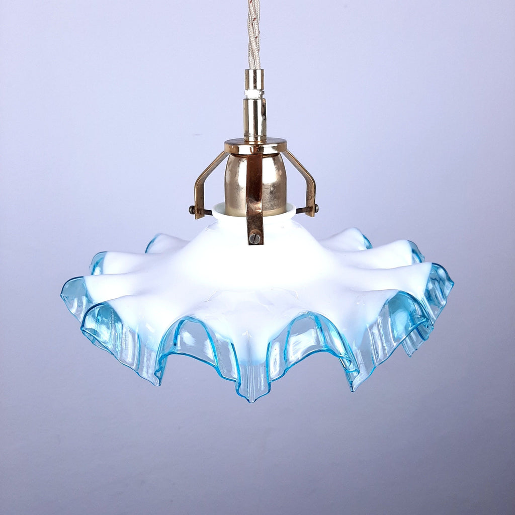 Vintage Italian Pendant Lamp: Blue & White Glass, Brass Accent, 1950s
