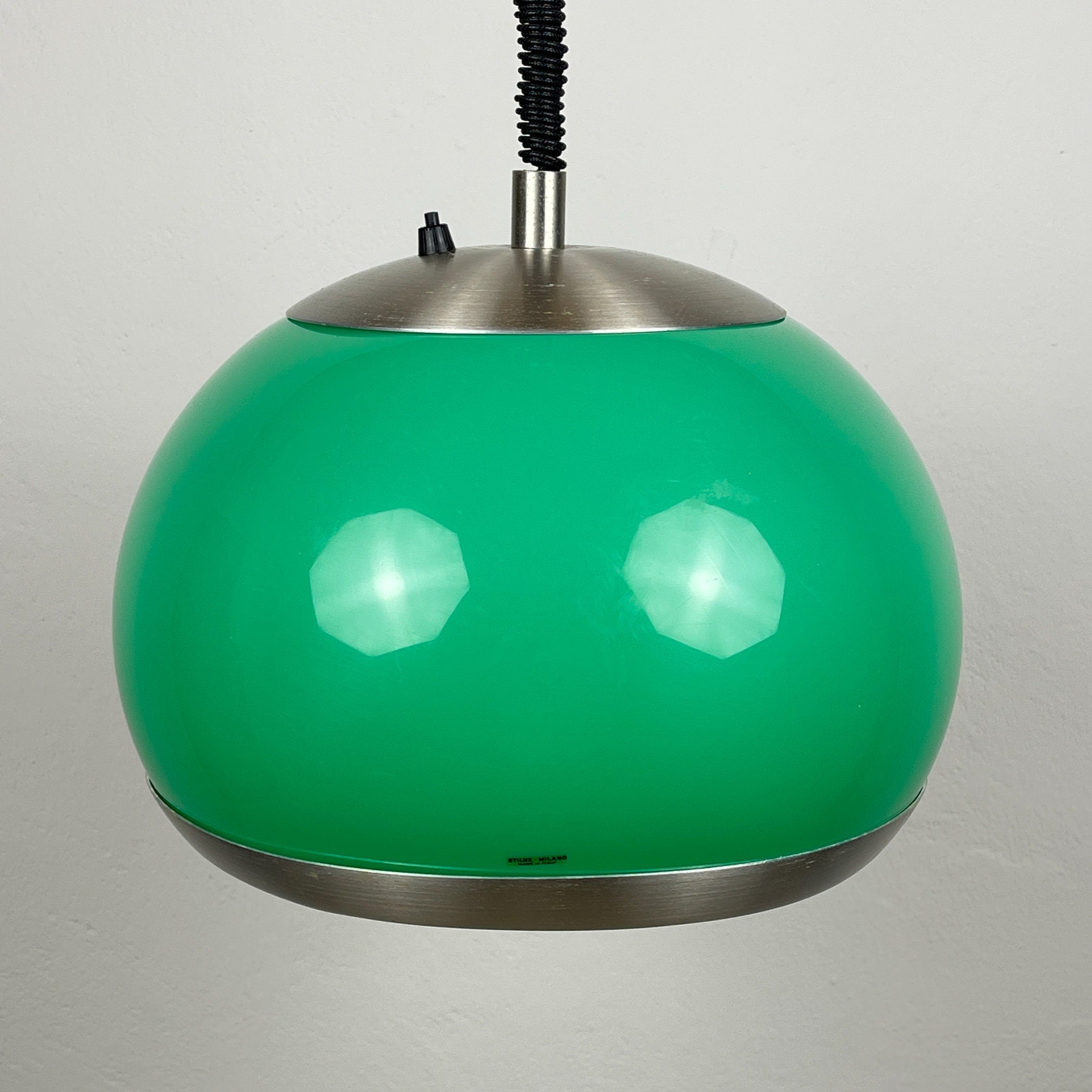 Mid-century green plastic pendant lamp by Stilux Milano, Italy, 1972, Vintage home decor