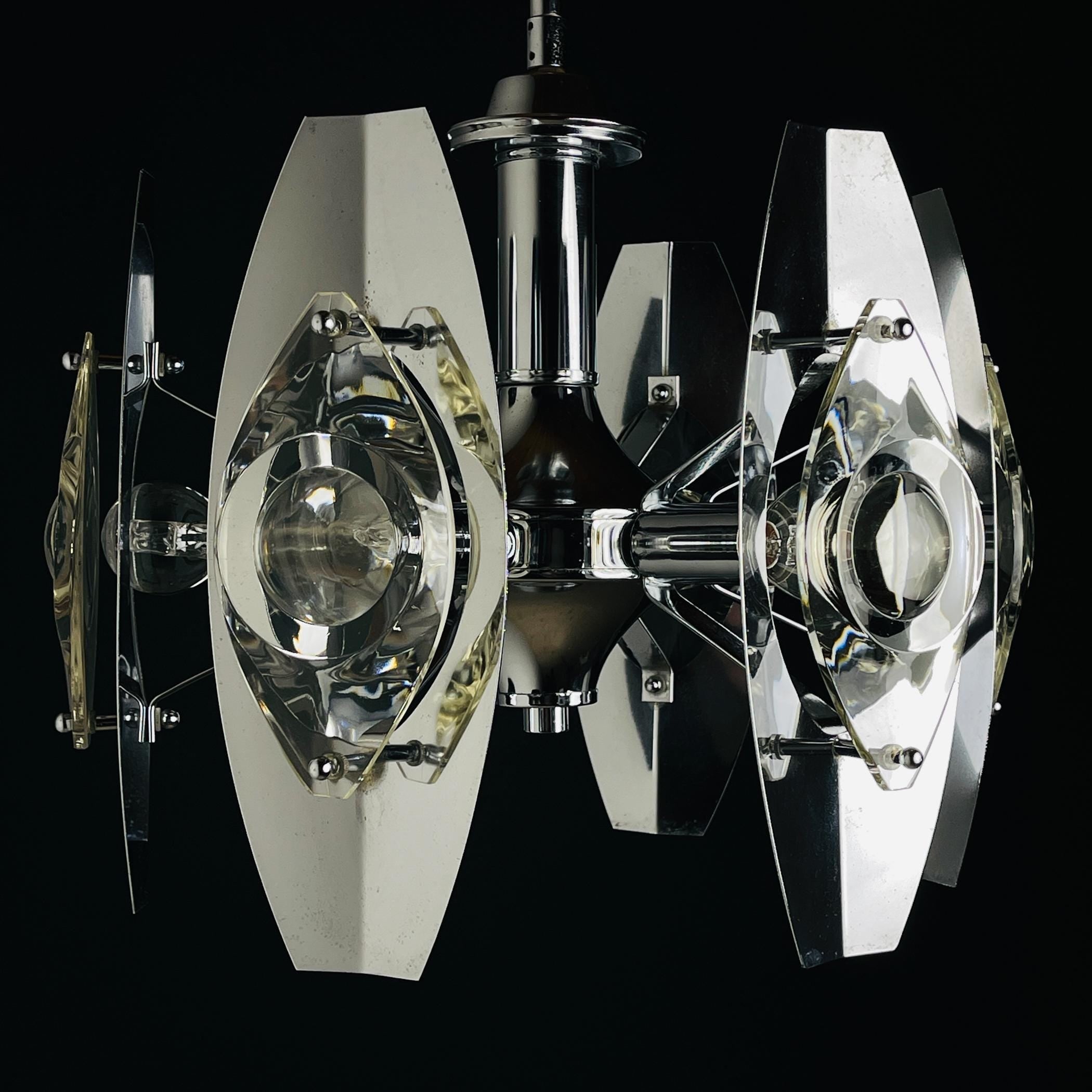 Chrome and Glass Lens Chandelier by Oscar Torlasco Italy 1960s, Vintage home decor