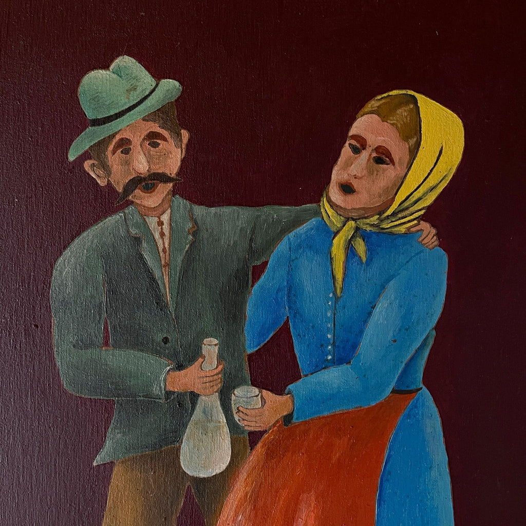 Vintage Folk Art Oil Painting Diptych: Yugoslavia Naive Art, 1970s