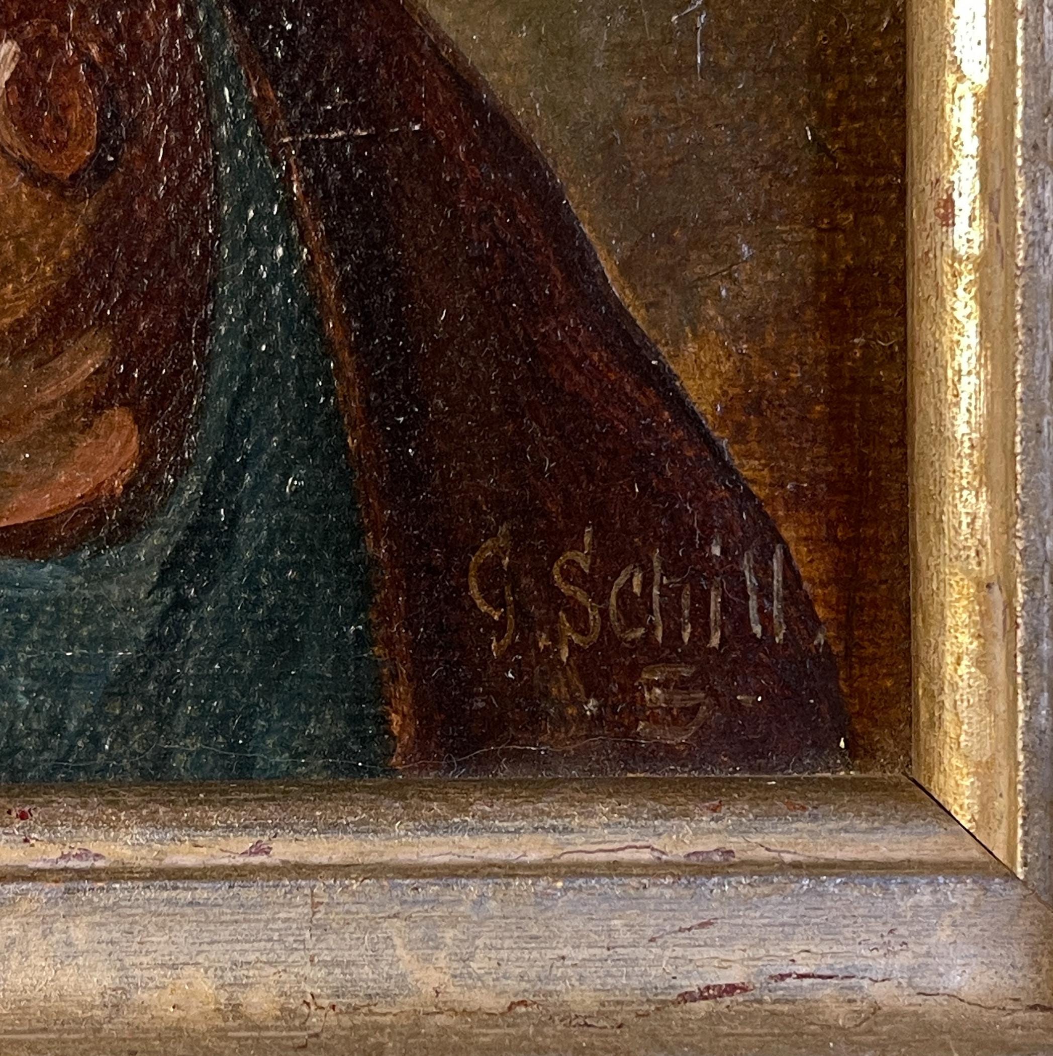 Antique painting Portrait "Man in a nightcap with a pipe" by G. Schill, canvas, oil, 1930s
