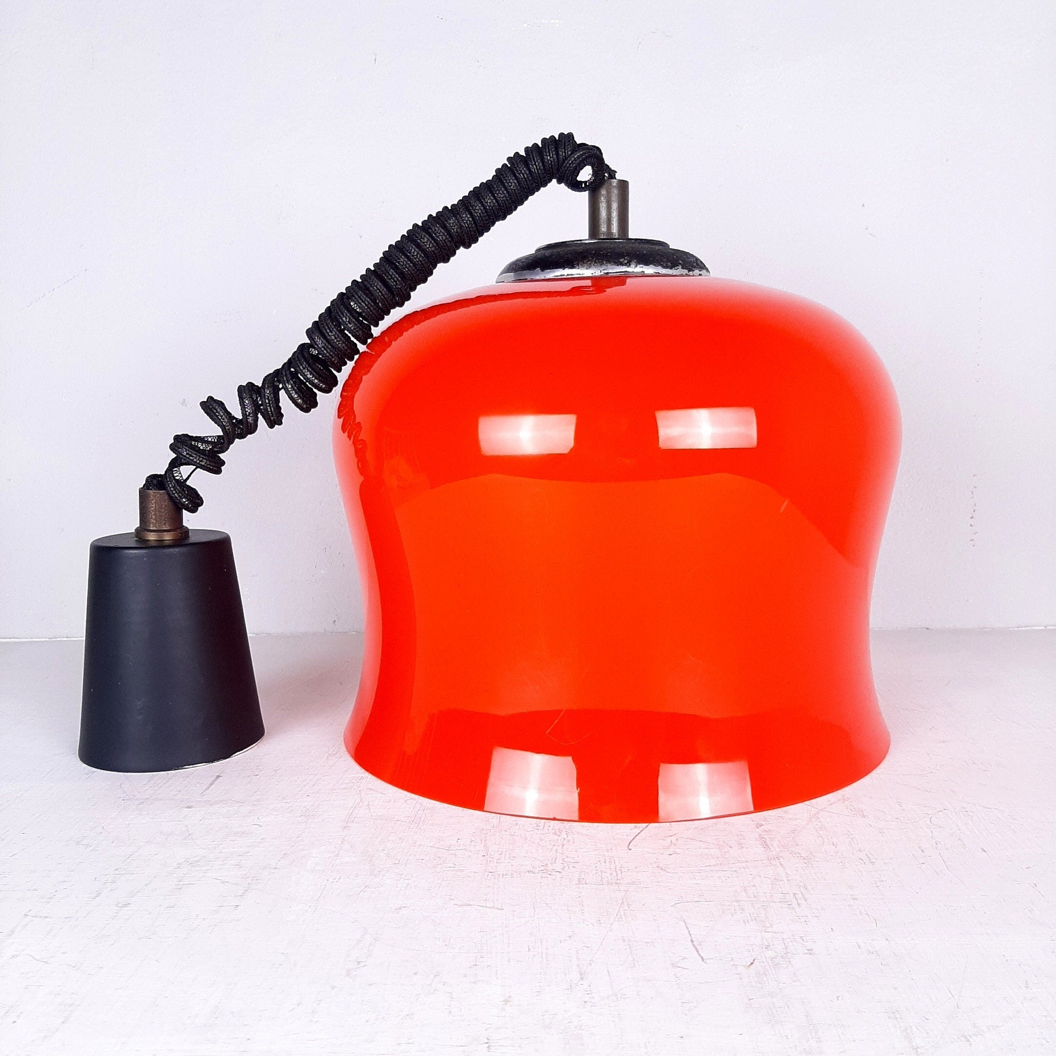 Vintage red glass pendant lamp Italy 1960s space age mid-century lighting