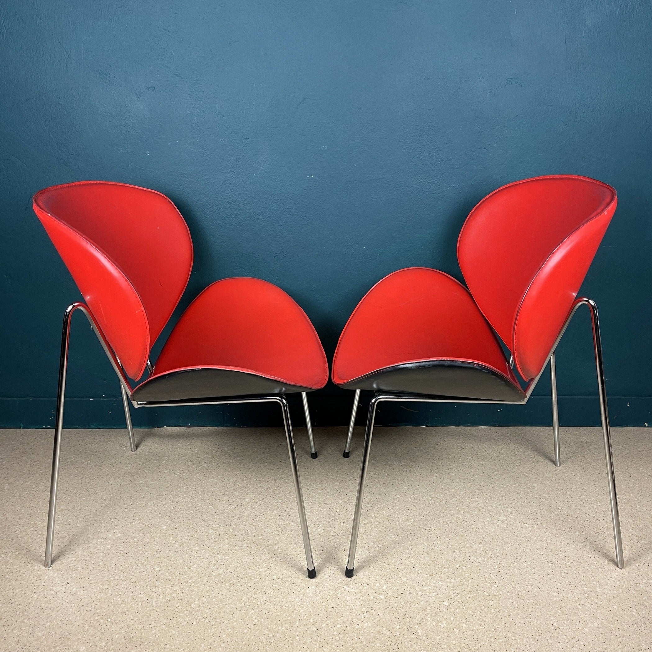 Vintage Red Vinyl Lounge Chairs: Pierre Paulin Style, Mid-Century Modern (Pair)