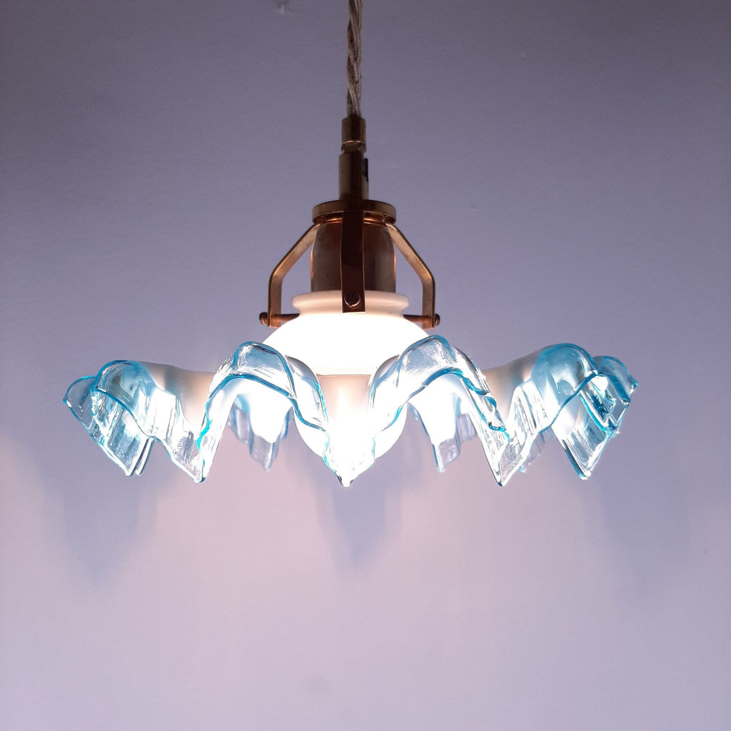 Vintage Italian Pendant Lamp: Blue & White Glass, Brass Accent, 1950s