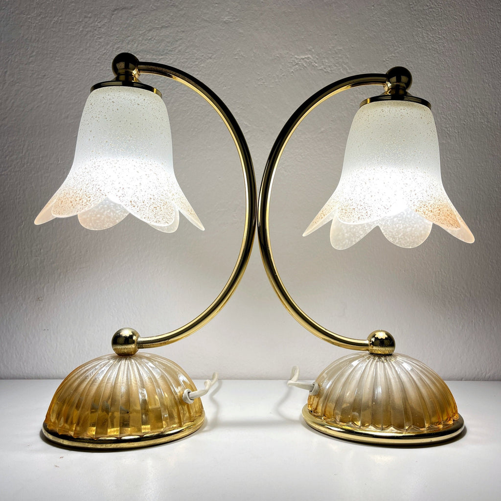 Pair of vintage night table lamp Italy 1970s Retro table lamps white and brass