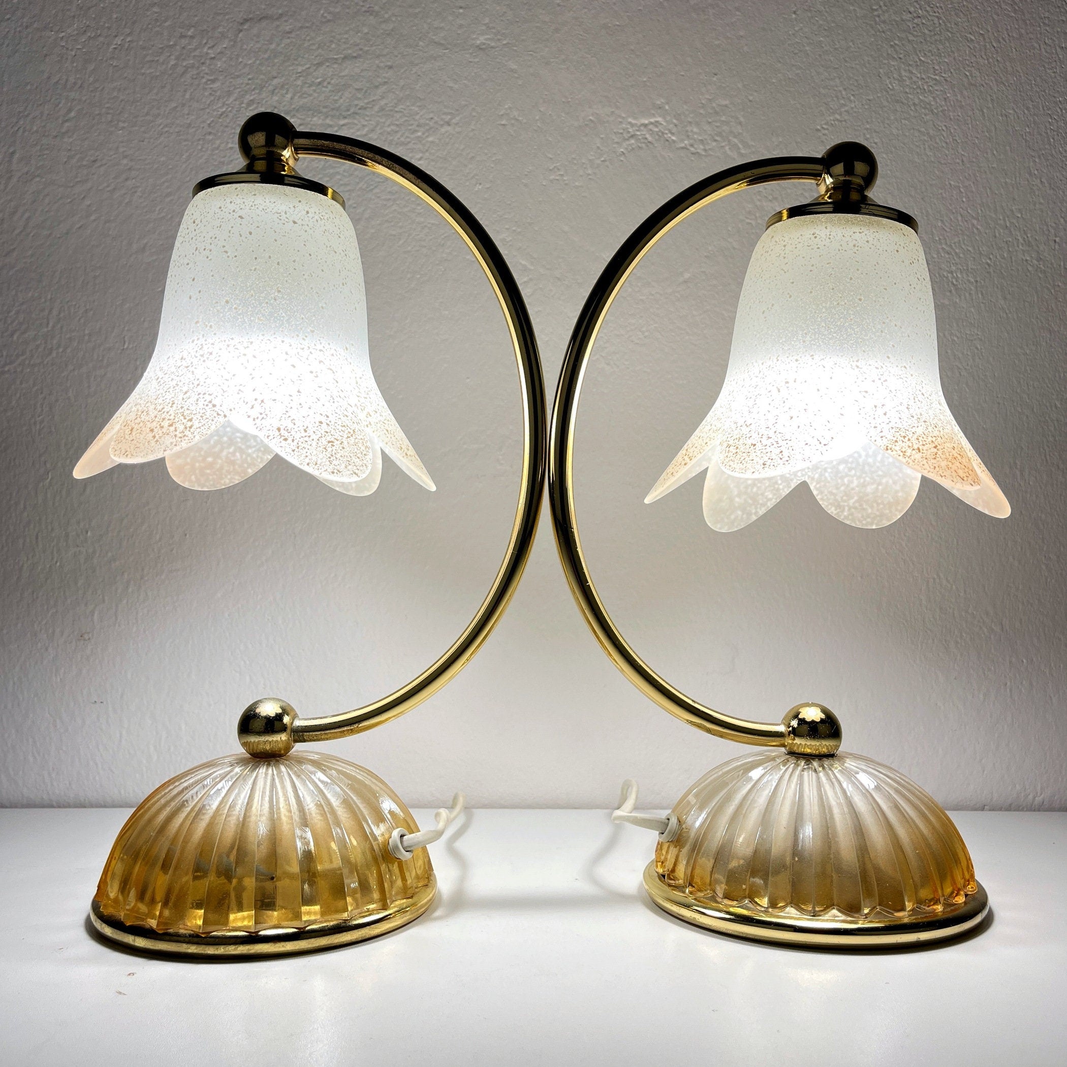 Pair of vintage night table lamp Italy 1970s Retro table lamps white and brass