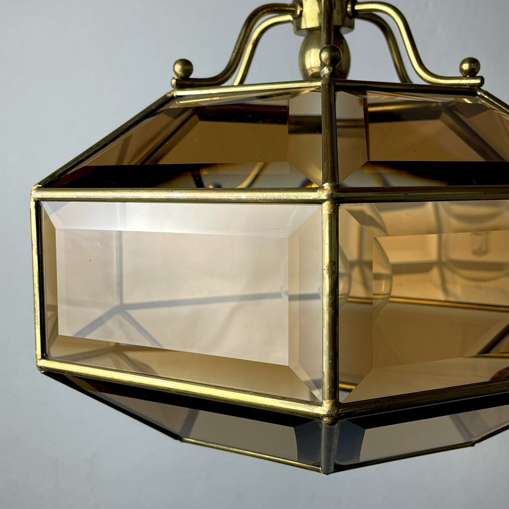 Vintage diamond pendant lamp Italy 1960s Gold brass hex crystal lamp
