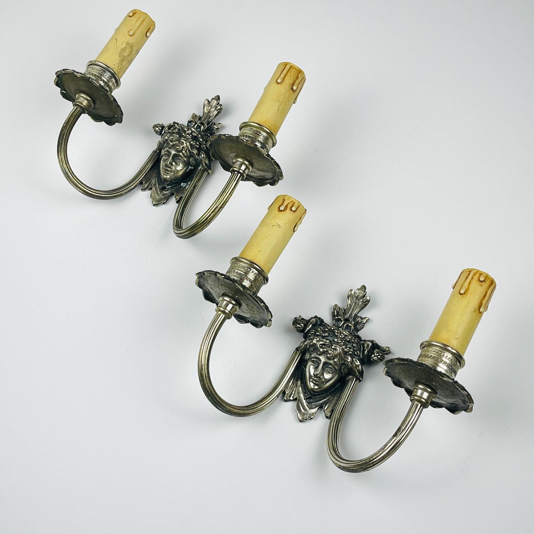Antique silver plated wall lamp, France, 1930s, Set of 2, Vintage home decor
