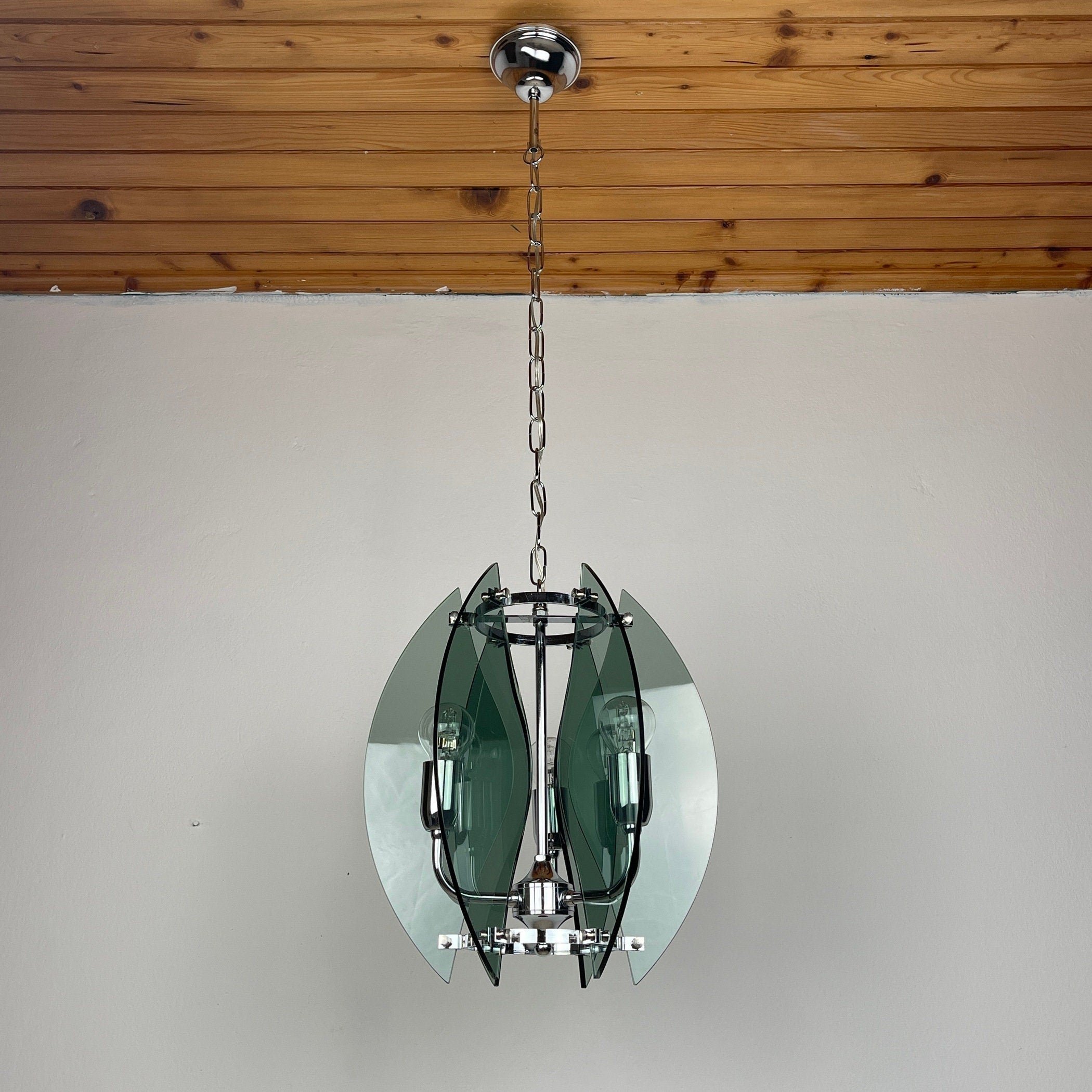 Veca Italian Chandelier: Mid-Century Smoked Glass Pendant Lamp