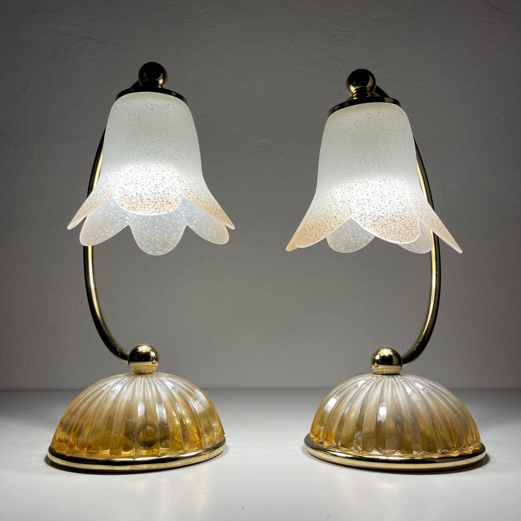 Pair of vintage night table lamp Italy 1970s Retro table lamps white and brass
