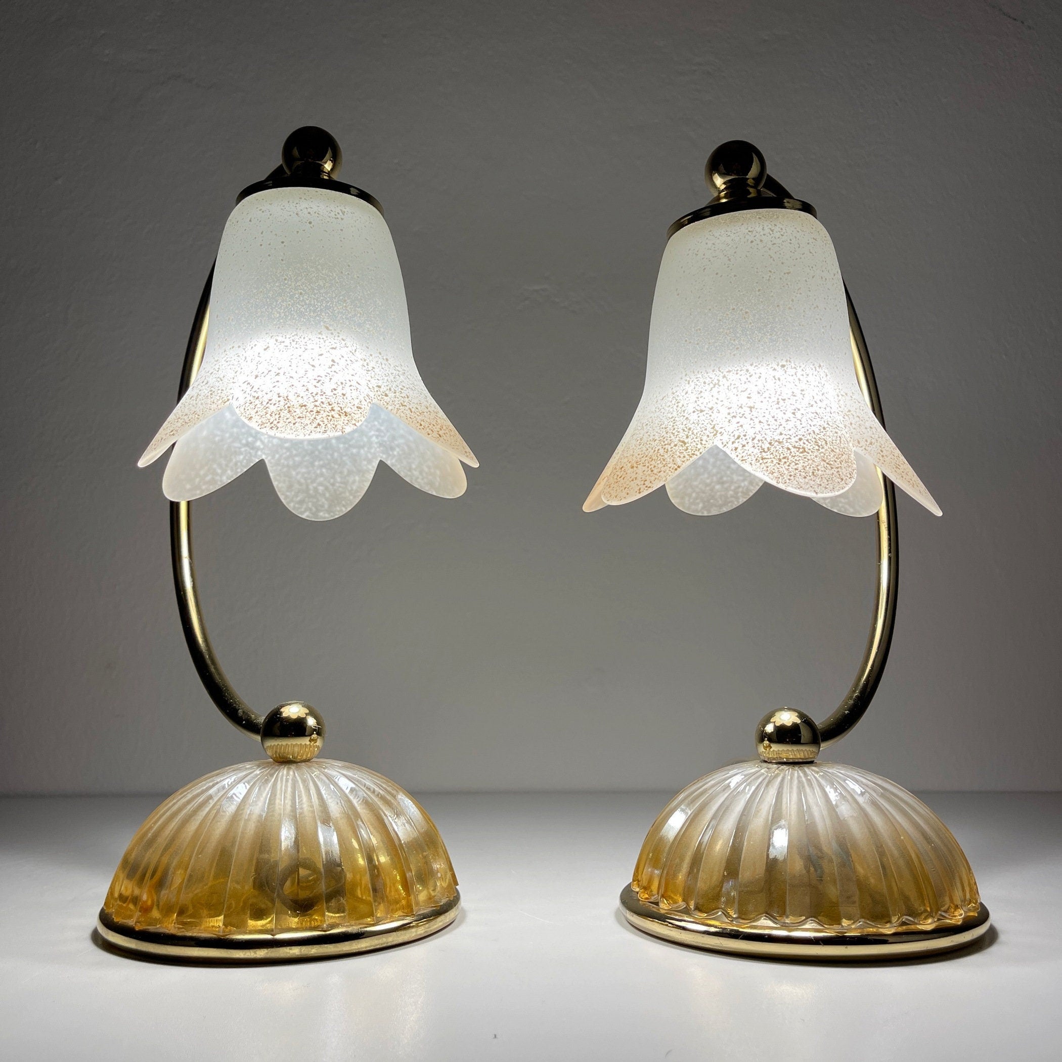 Pair of vintage night table lamp Italy 1970s Retro table lamps white and brass