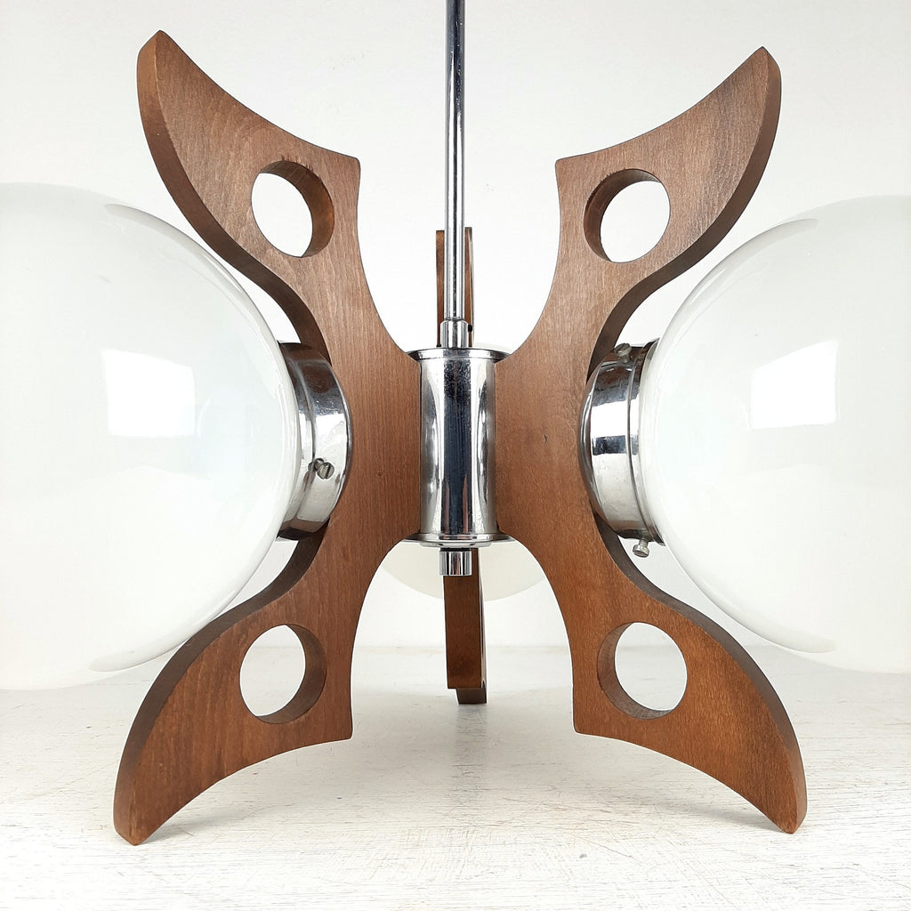 Retro Wood & Glass Chandelier: 70s Geometric Pendant Lamp