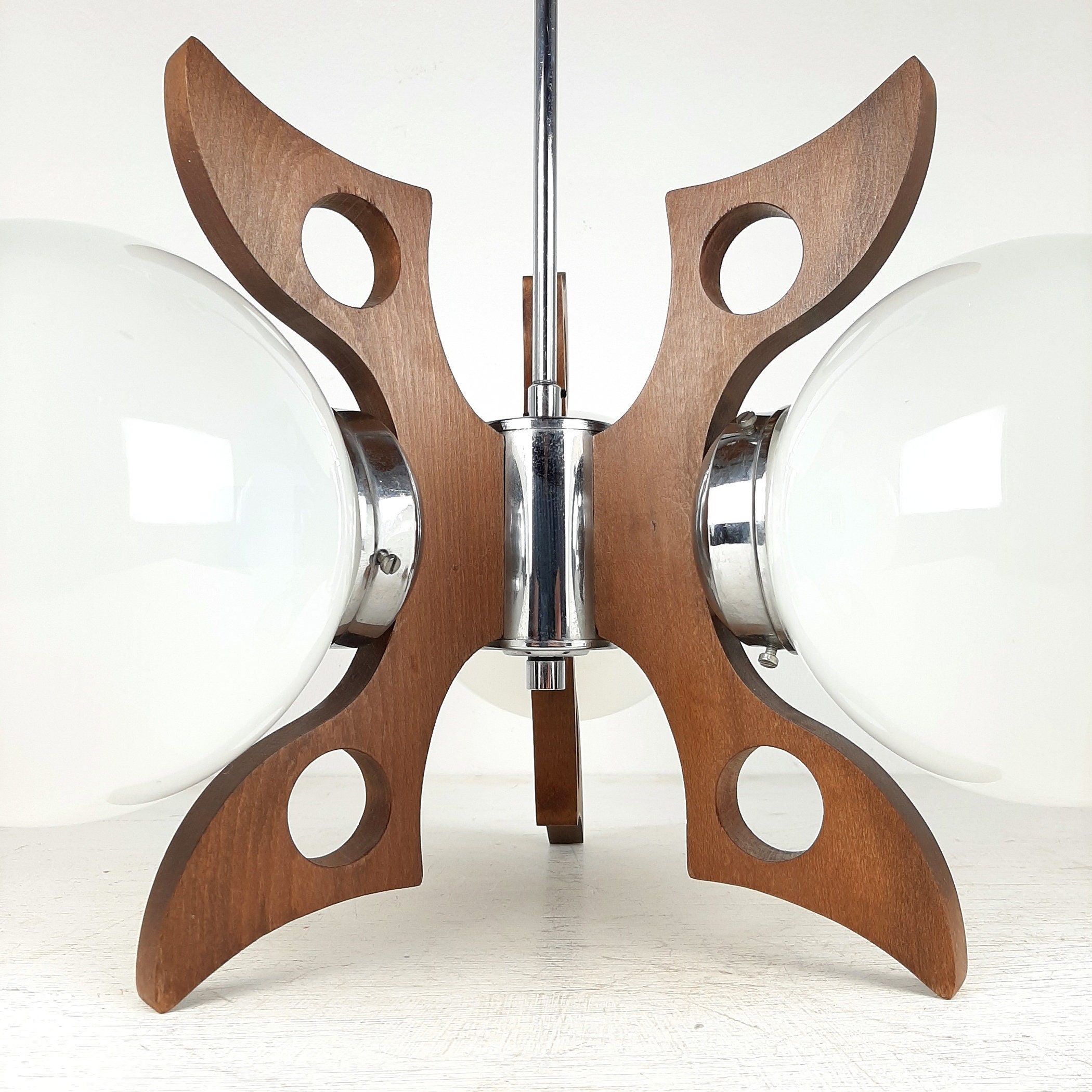 Retro Wood & Glass Chandelier: 70s Geometric Pendant Lamp