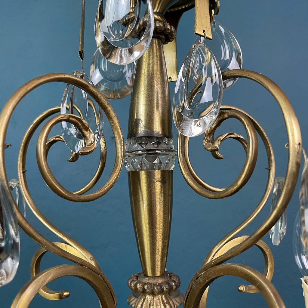 Vintage Italian Chandelier: 1960s Bronze 5-Arm Crystal Drop Light